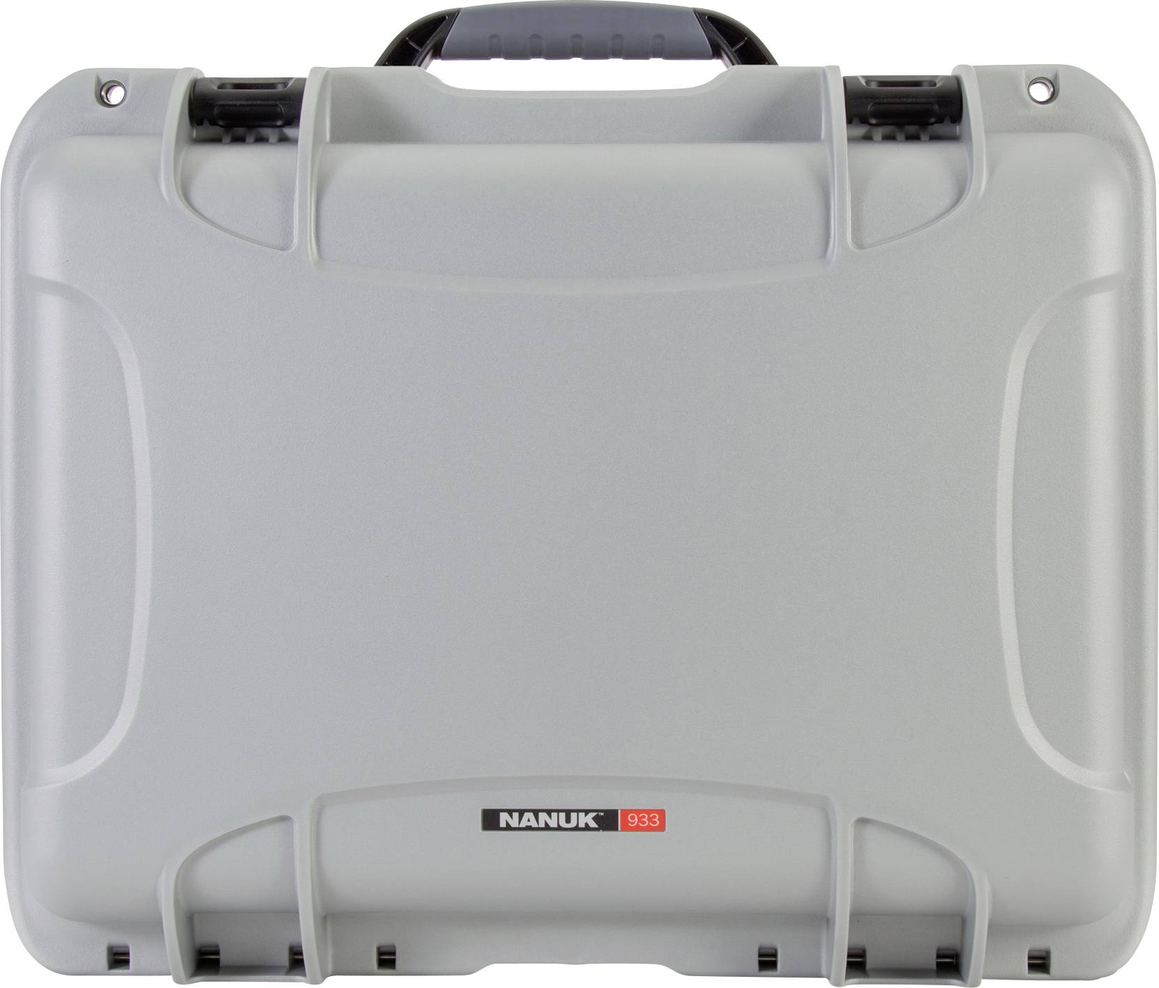 A grey hard-shell suitcase with a black handle and the inscription 'Nanuk 933' at the bottom centre.