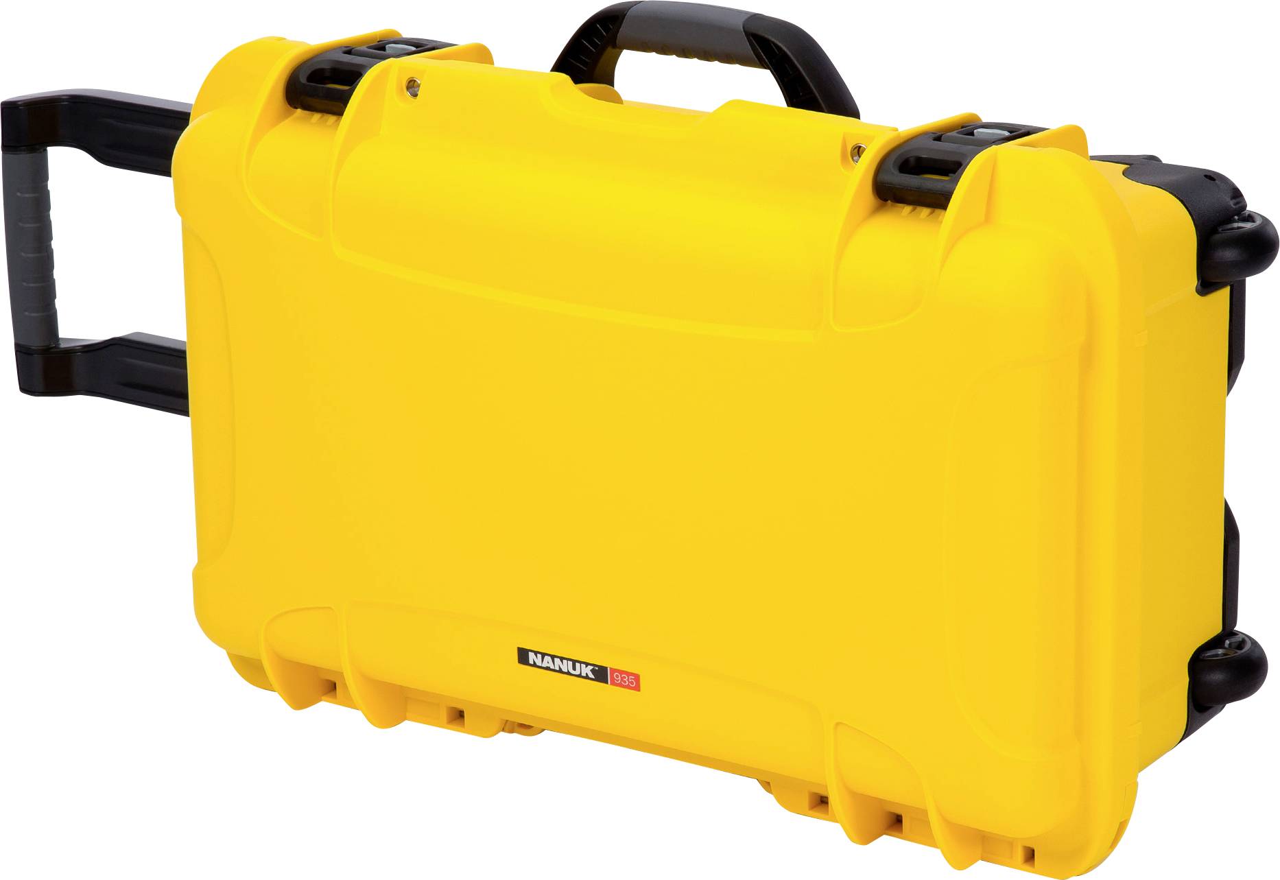 A yellow hard-shell suitcase with handles and wheels, suitable for the secure transportation of delicate equipment.