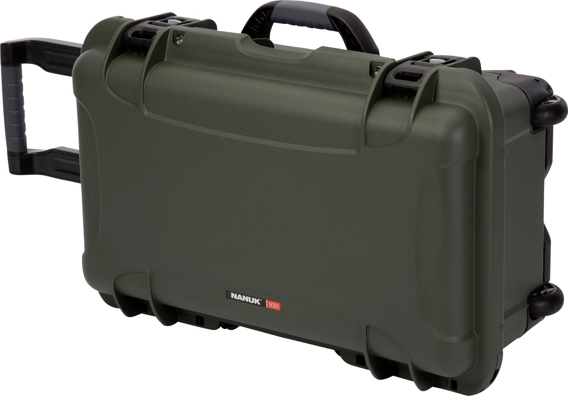 A robust, dark green protective case with handle and wheels, suitable for the secure transportation of delicate equipment.