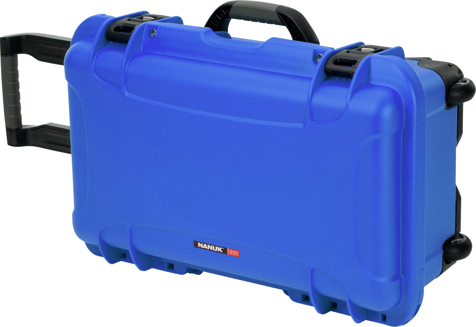 A blue, robust rolling suitcase with handle and locks, suitable for the secure transportation of delicate equipment.