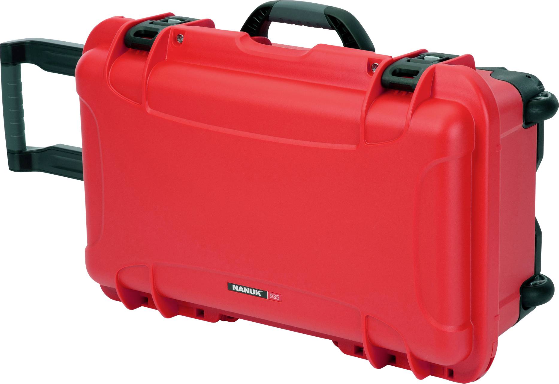 Red, robust suitcase with telescopic handle, suitable for the secure transportation of equipment.
