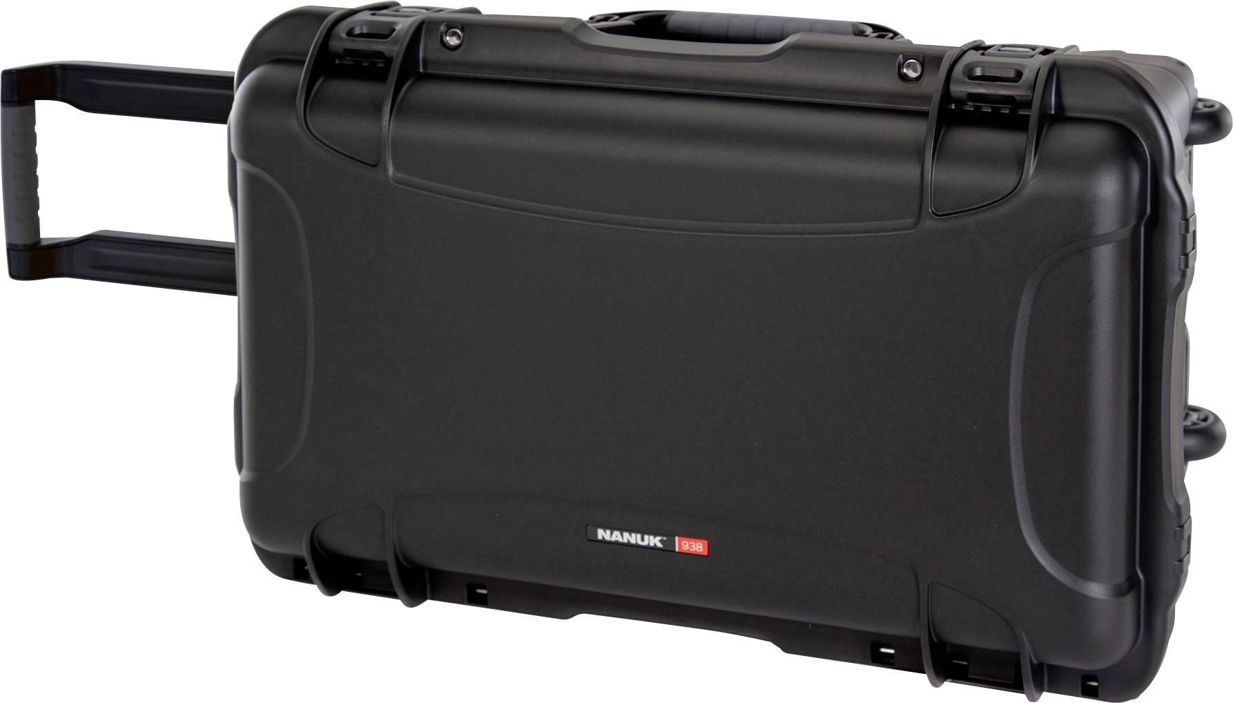 A black, robust hard-shell suitcase with extendable handle and wheels, suitable for travel or protecting delicate equipment.