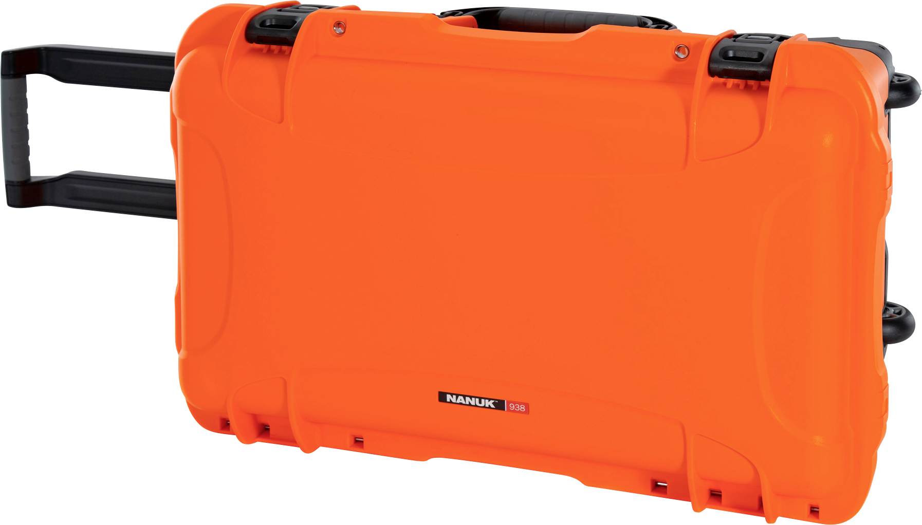 Luminous orange hard-shell suitcase with extendable handle and wheels, 'Nanuk' brand, suitable for robust transportation.