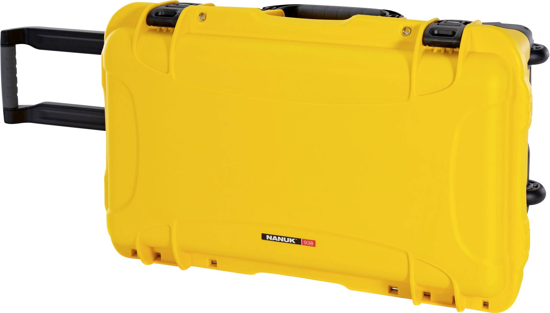 A yellow hard-shell suitcase with telescopic handle, perfect for securely transporting equipment. Brand name 'Nanuk' in the centre.