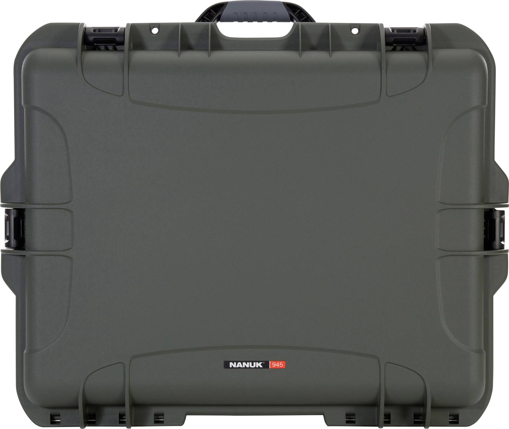 A robust-looking, dark grey protective case with a black handle and fastenings. Brand logo in the centre at the bottom.