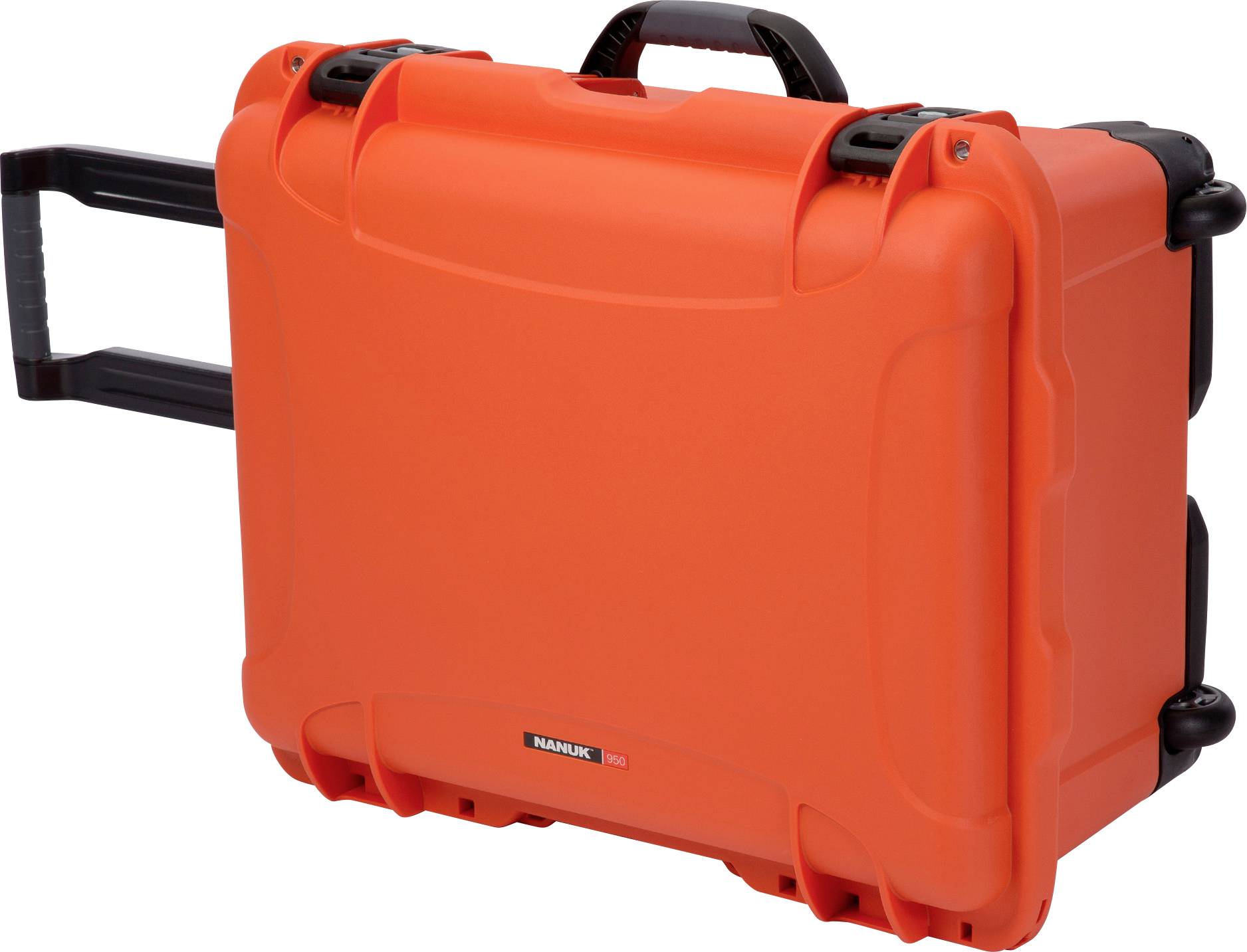 A bright orange hard-shell suitcase with a black handle and telescopic plastic arm, suitable for robust transportation.