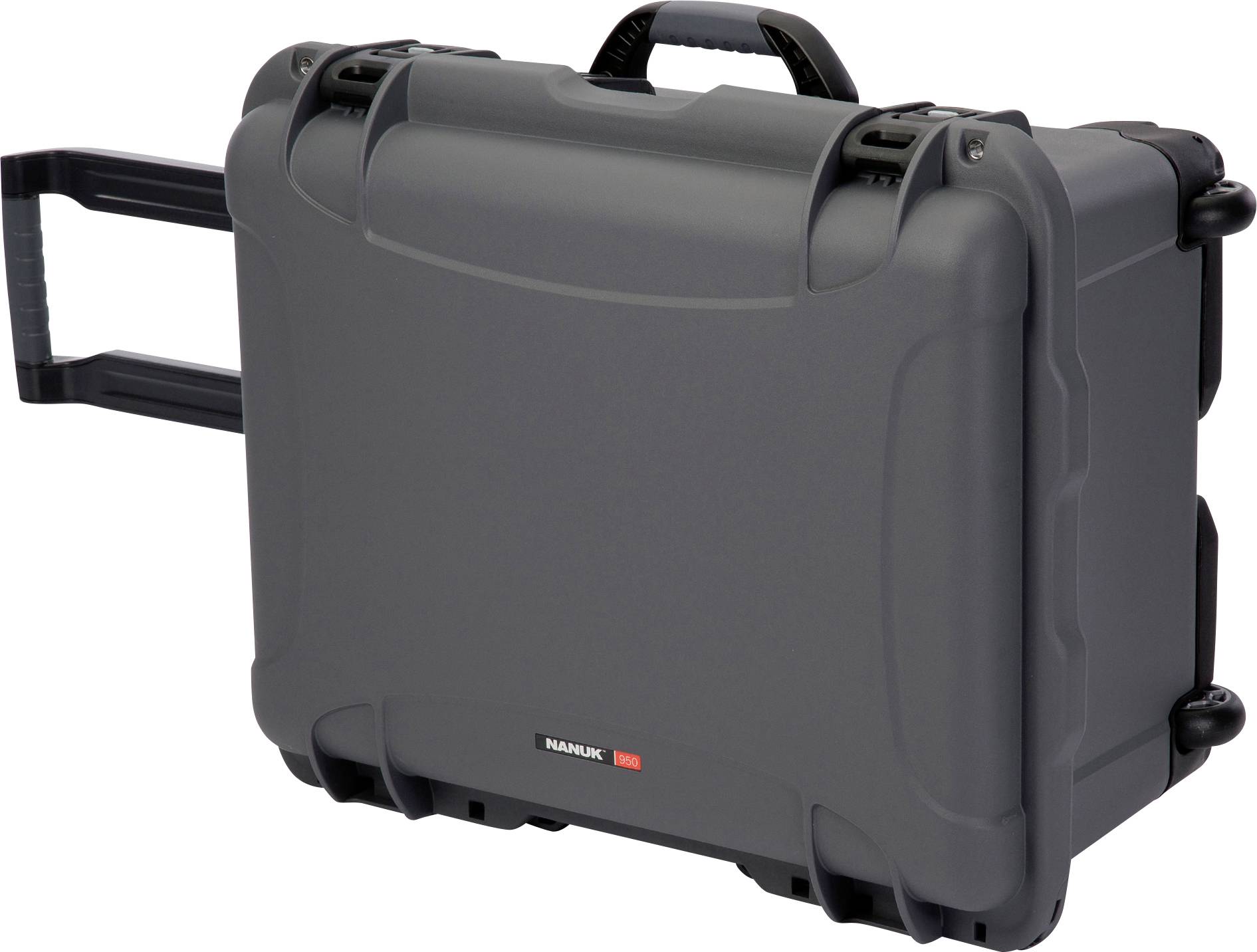 Black hard-shell suitcase with extendable handle and wheels, suitable for the secure transportation of delicate equipment or items.