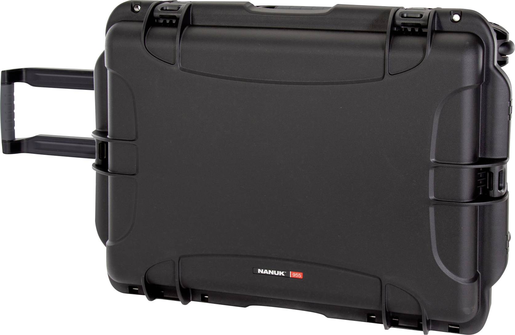 Black, robust protective case with handle and snap locks, suitable for the safe transportation of sensitive equipment.