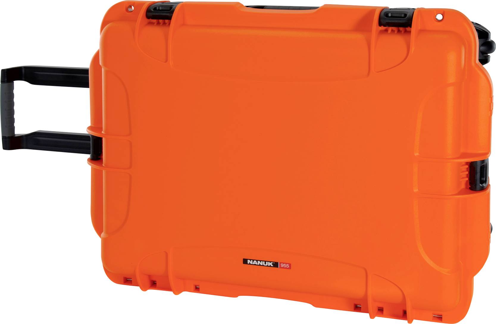 A bright orange, hard protective case with an extendable handle and robust design, suitable for secure transportation.