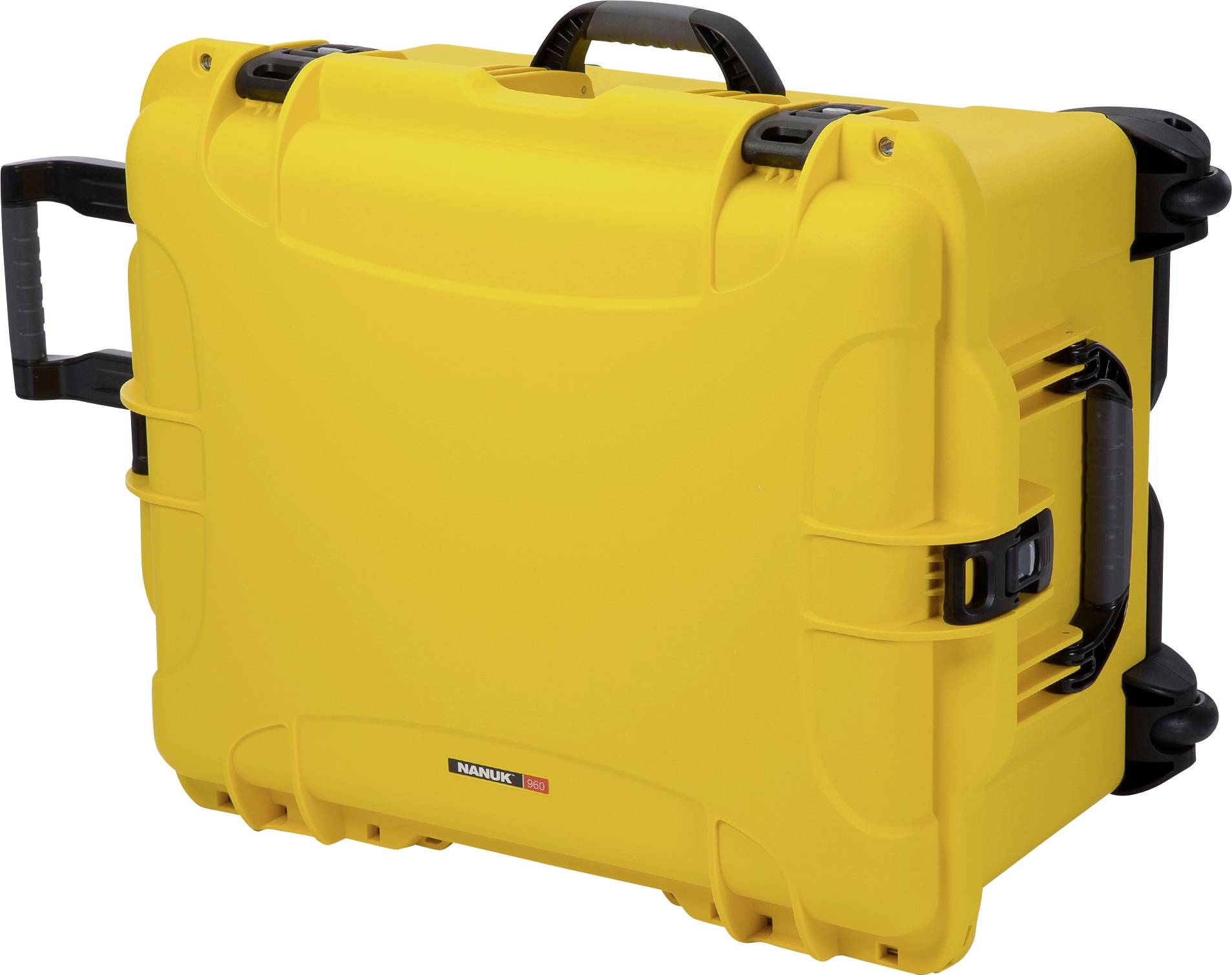 A yellow, robust suitcase with handles and wheels, perfect for the secure transportation of equipment or delicate devices.