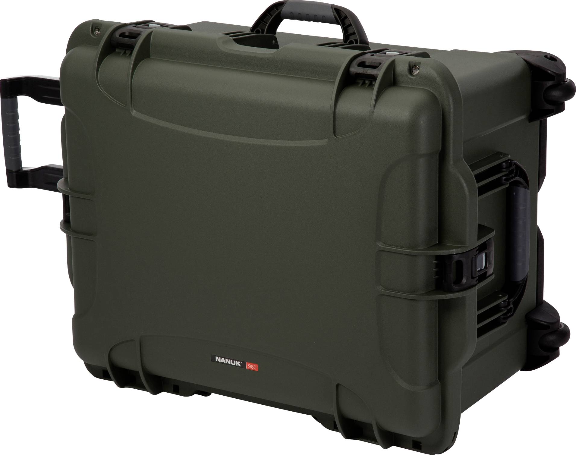 A robust, dark green protective case with carry handle and wheels, perfect for the secure transportation of delicate equipment.
