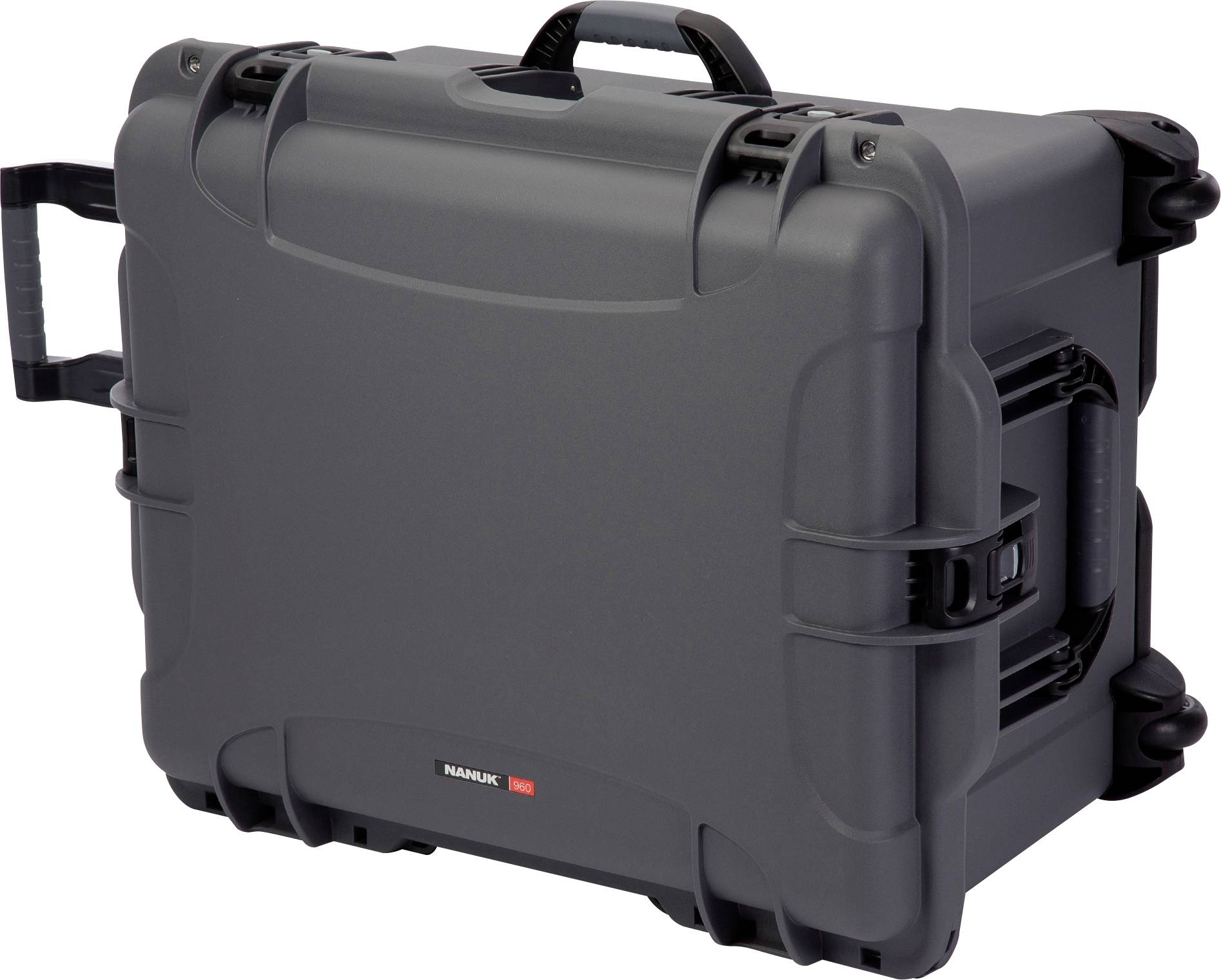 A robust, grey, portable hard-shell suitcase with a surface finish. Includes handles and wheels for easy carrying and movement.