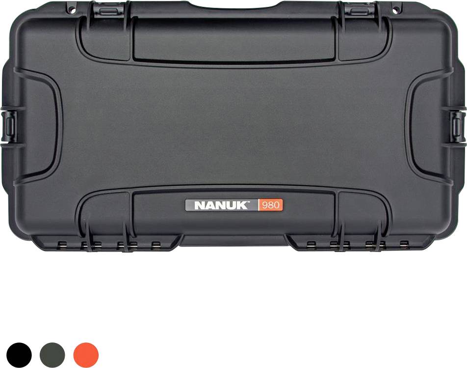Black Nanuk 980 Protective Case, rectangular, robust design, side locks, suitable for transporting sensitive equipment.