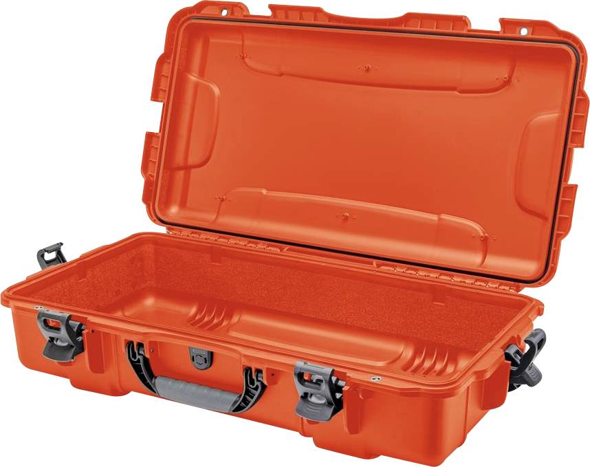 An opened, empty, orange hard-shell suitcase with robust locks and carry handle, suitable for the secure transportation of delicate items.