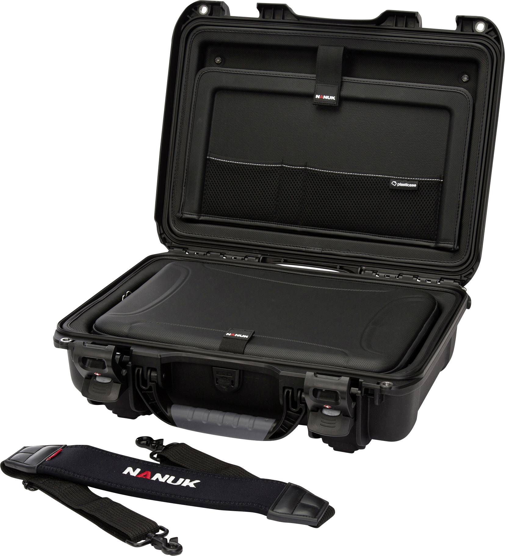 Opened black hard-shell suitcase with a mesh inner pocket. Detachable shoulder straps are lying beside it.