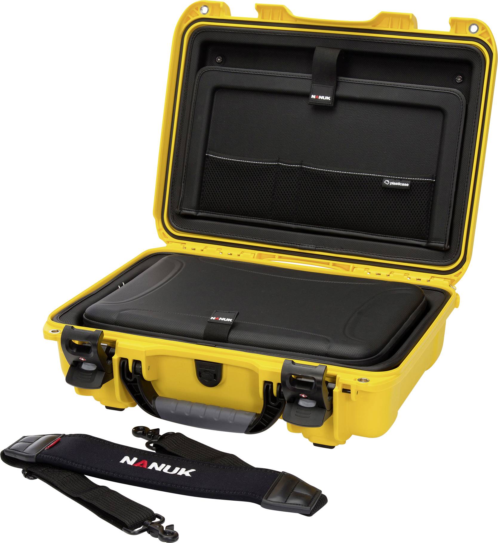 A yellow transport case with an open lid reveals a secure, padded interior. A shoulder strap lies beside it.