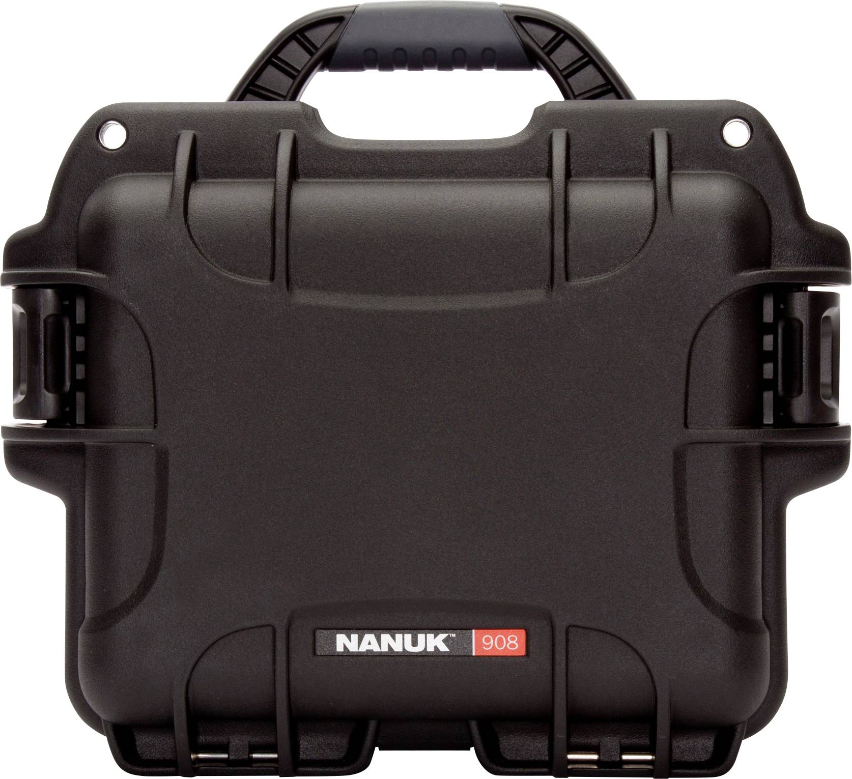 Black Nanuk 908 protective case with ergonomic handle and robust locks, suitable for transport and storage.