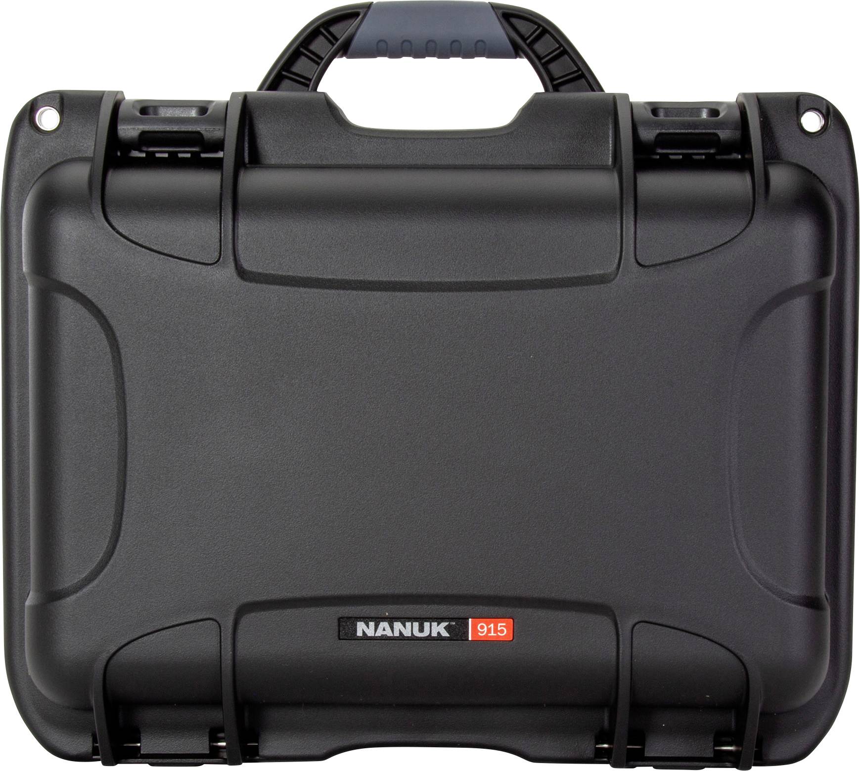A black, robust Nanuk suitcase, model 915, featuring a sturdy handle on top, with flattened corners for protection and security.