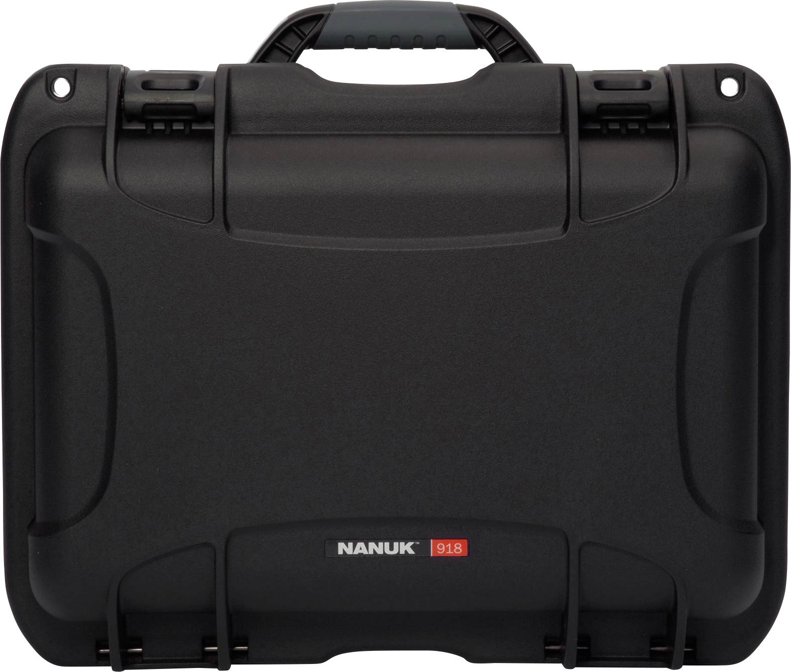 Black, robust protective case with sturdy handle and locks. Inscription 'NANUK 918'. Suitable for secure transportation.