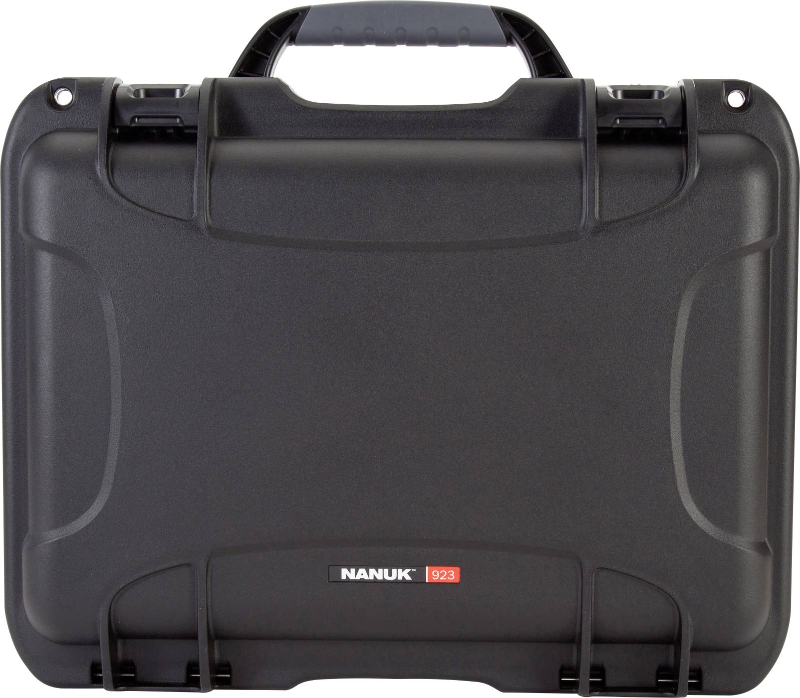 Black protective case with handle, robust design, brand 'Nanuk 923'. Ideal for secure transportation of delicate equipment.