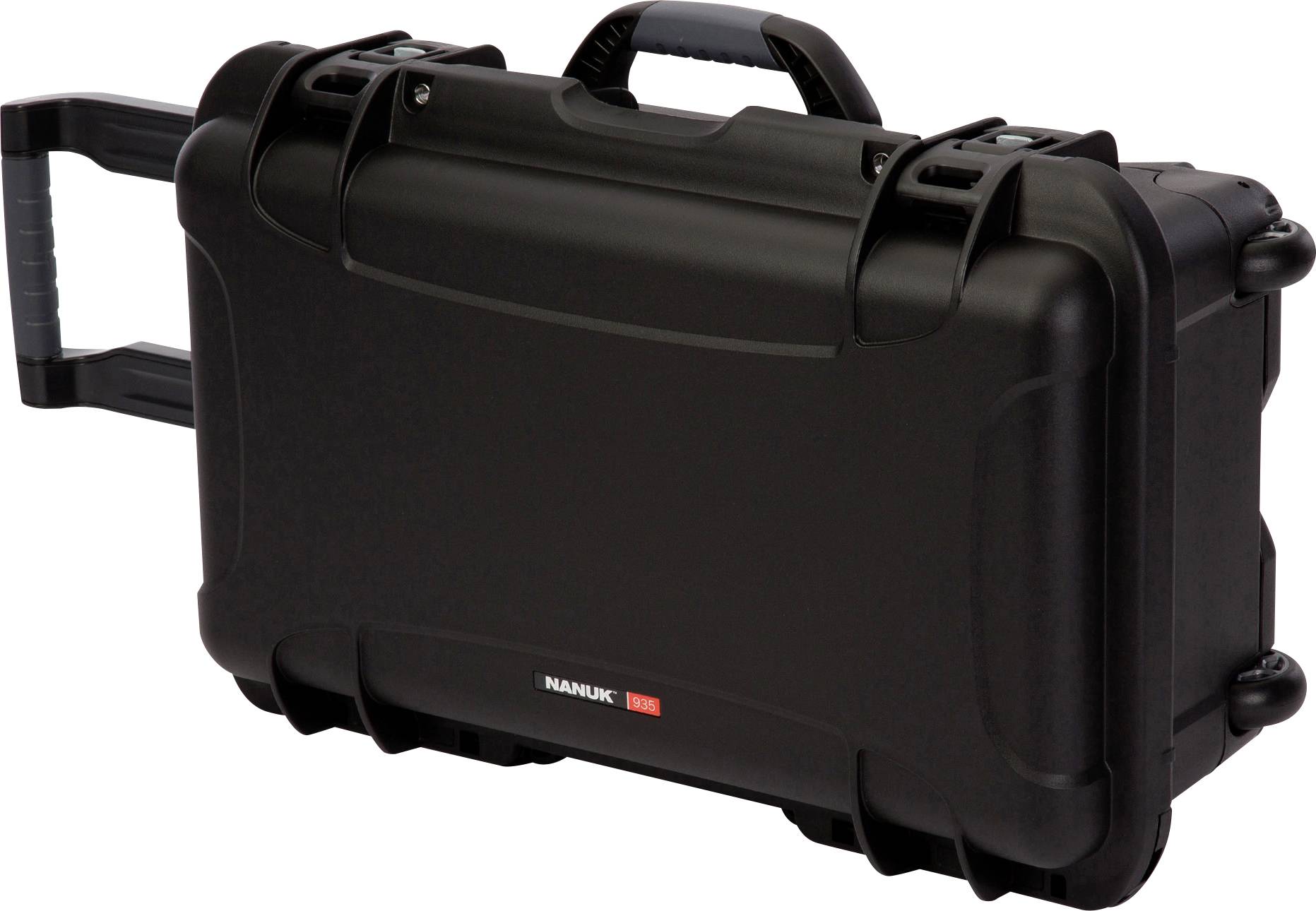 Black hard-shell suitcase with handle and wheels, suitable for the safe transportation of delicate equipment.