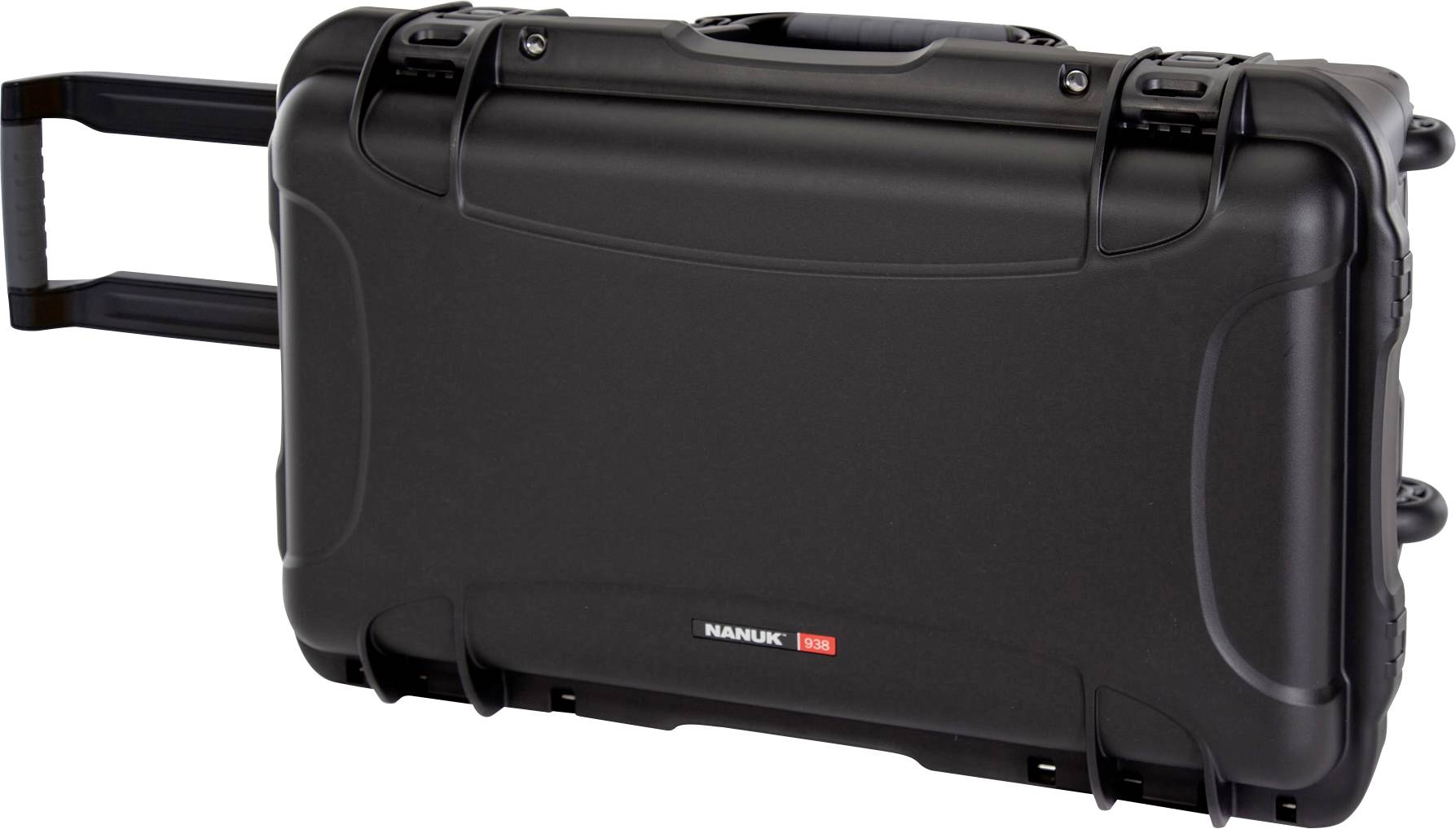 Black, robust rolling suitcase with telescopic handle. Brand print 'NANUK 935'. Suitable for the secure transportation of equipment.