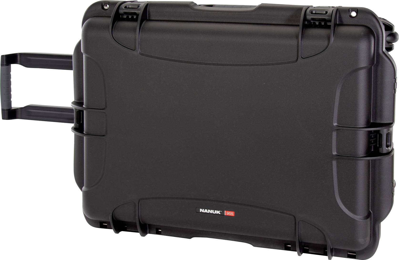 Black, robust hard-shell suitcase with telescopic handle and locks. Ideal for securely transporting sensitive equipment.