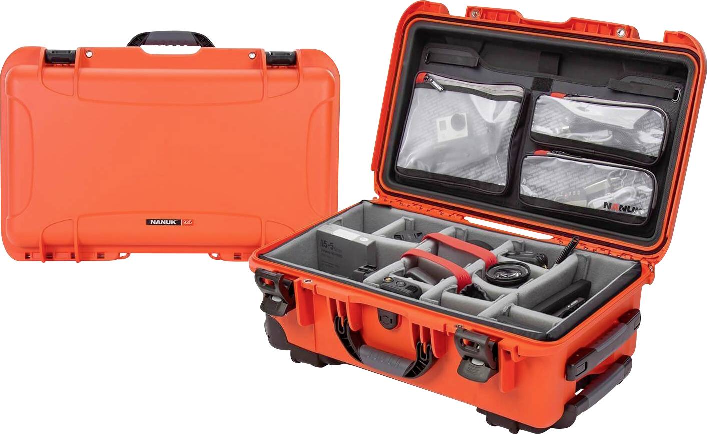 An orange, sturdy protective case with foam inserts, opened and closed. The case features compartments for camera equipment.