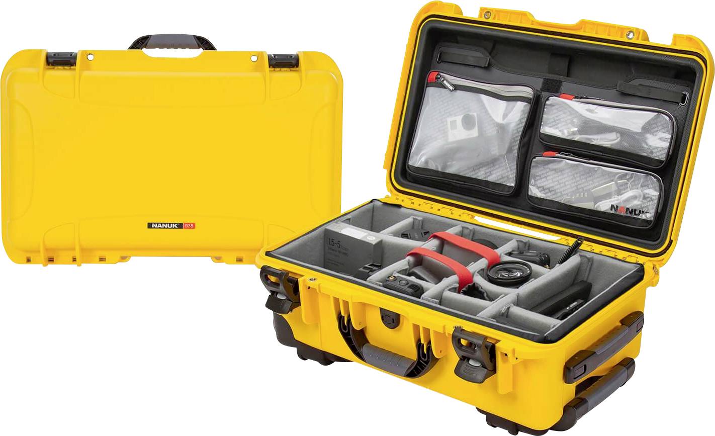 Yellow, robust hard-shell suitcase, open and closed. The opened suitcase reveals compartments for camera equipment. Ideal for secure transportation.