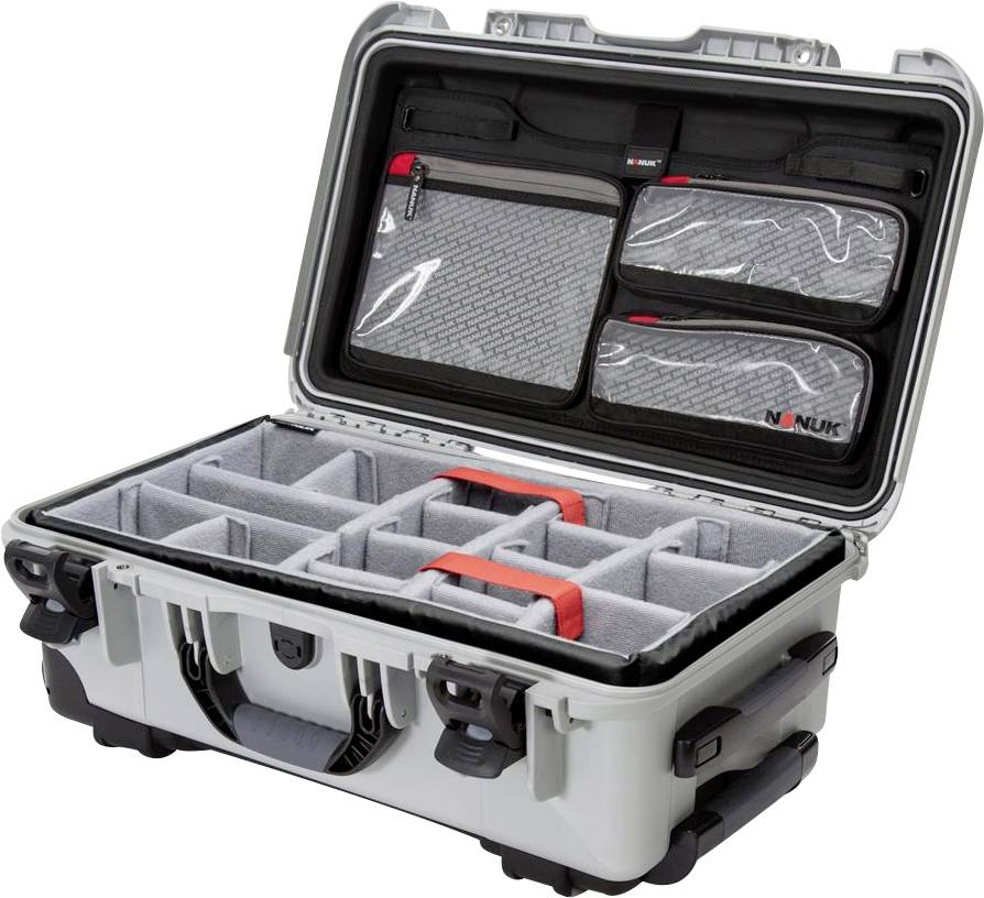 Hard-shell suitcase with open lid, internally fitted with adjustable compartments and pockets. Ideal for securely transporting delicate items.