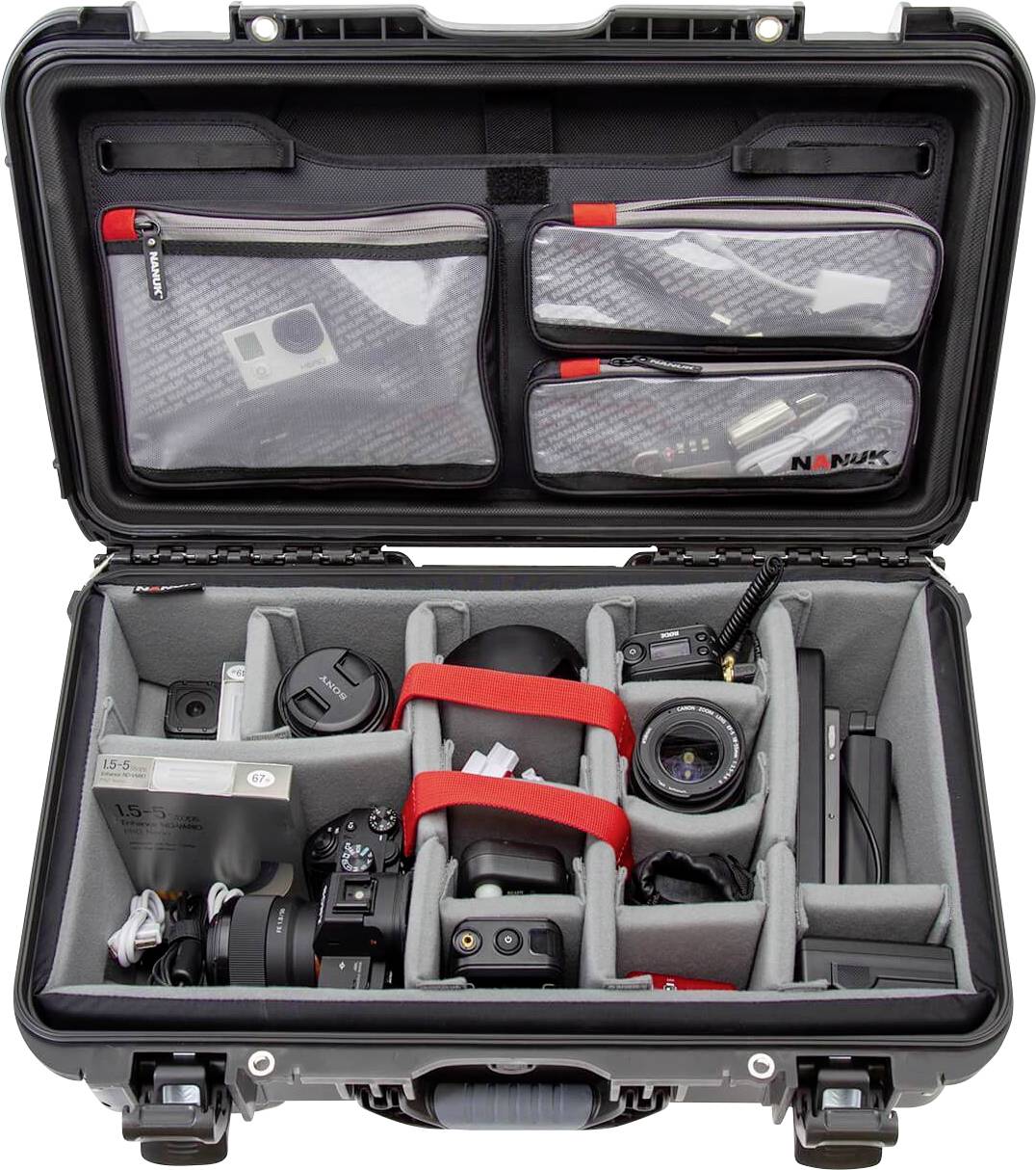 Opened black camera case with multiple compartments, securely and neatly storing lenses, cameras, and accessories.