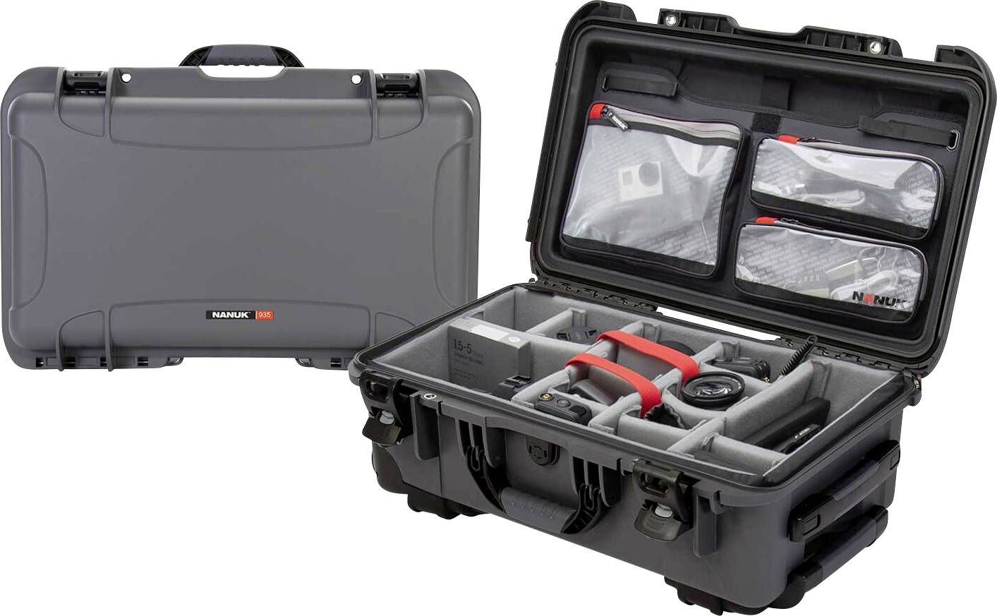 Closed and open grey hard-shell suitcase with compartments and padded interior for secure storage of equipment.