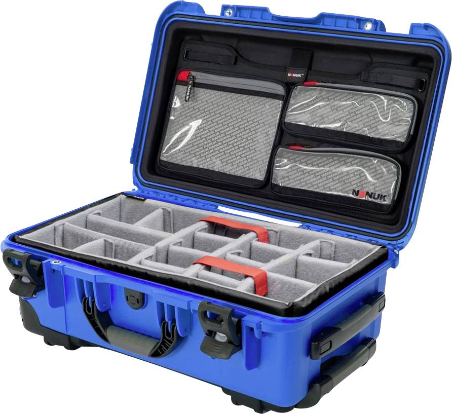 An open blue protective case with multiple compartments and zippered pockets in the lid. Suitable for secure transportation.