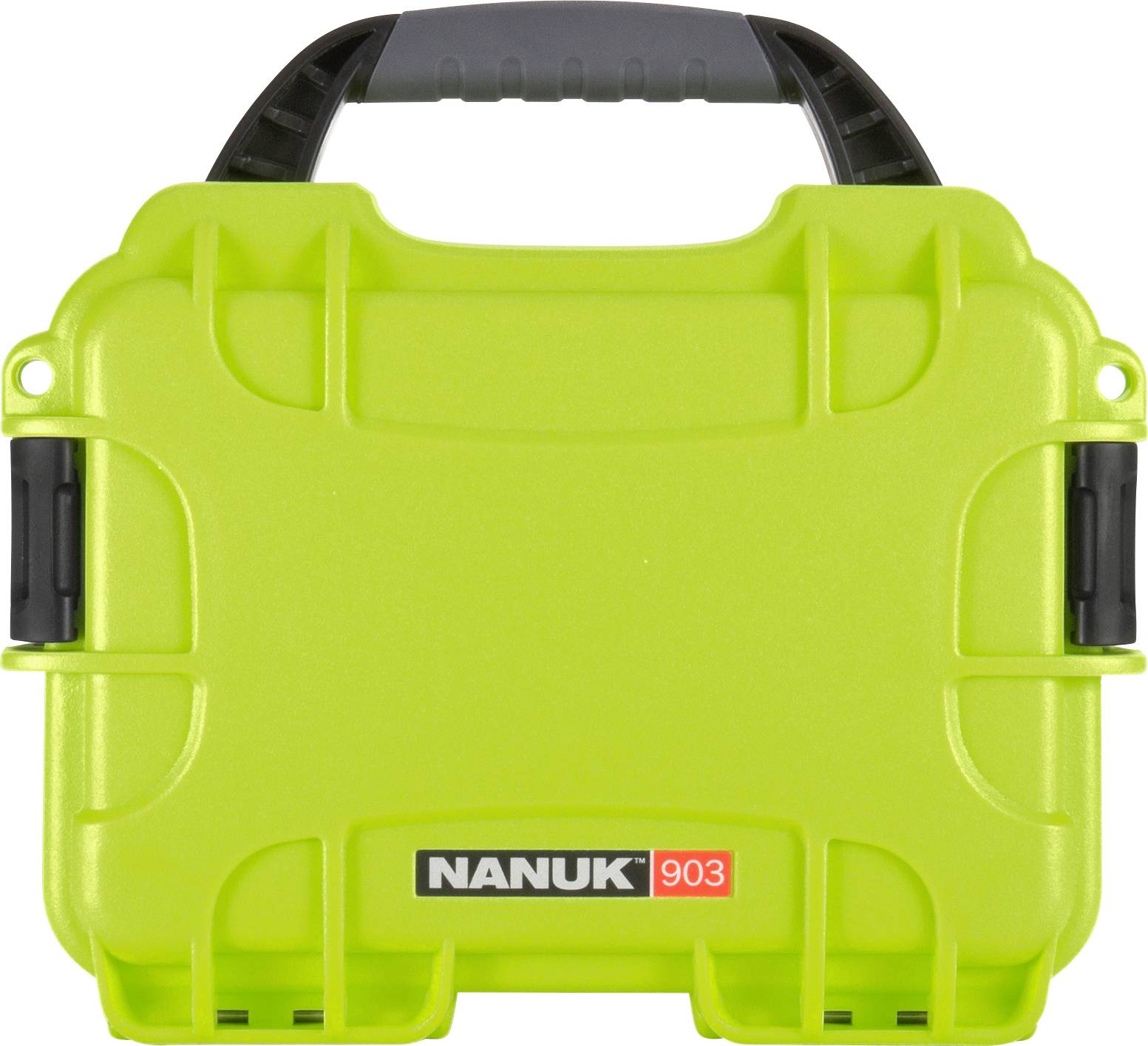 Green, robust protective case with handle, labelled 'NANUK 903', suitable for transporting and storing delicate items.