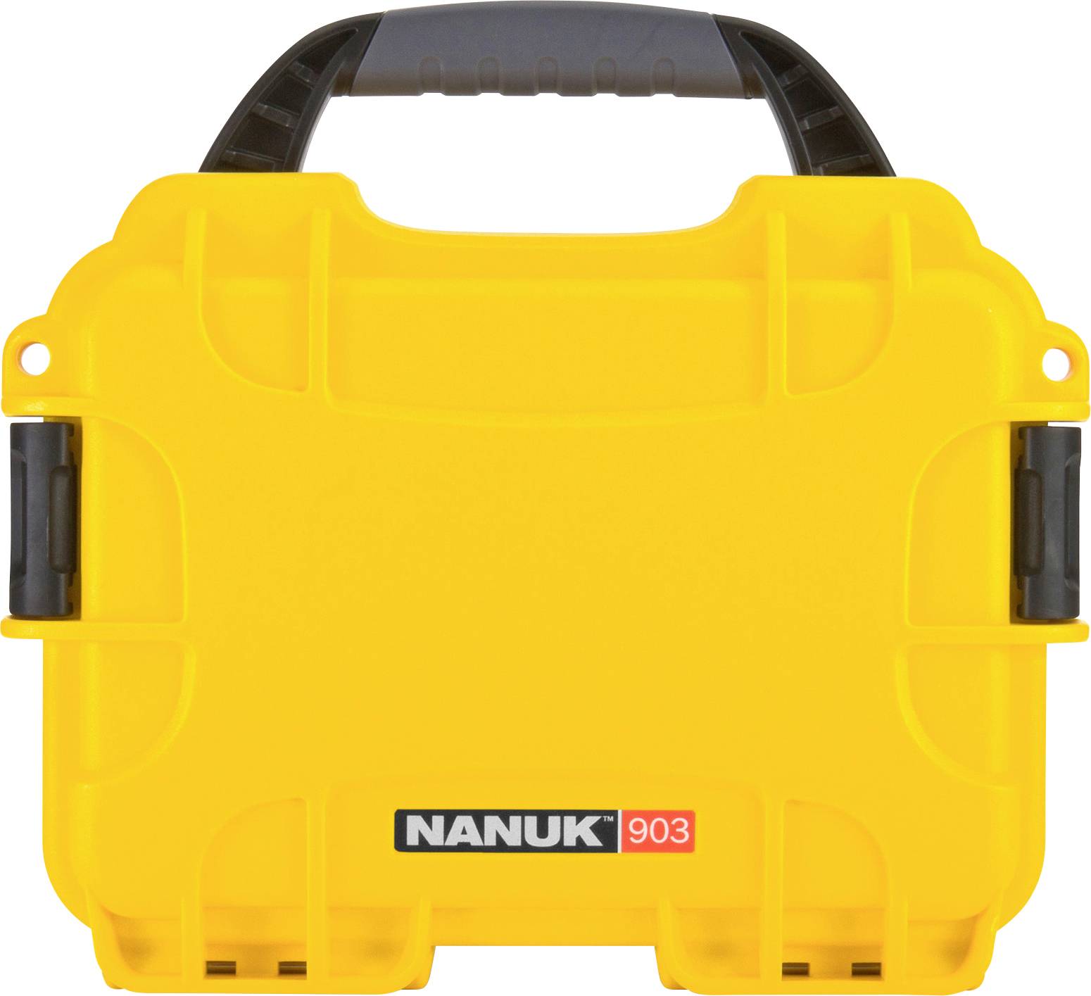 Yellow Nanuk 903 protective case with black handle and latches, provides secure transport and protection for delicate items.