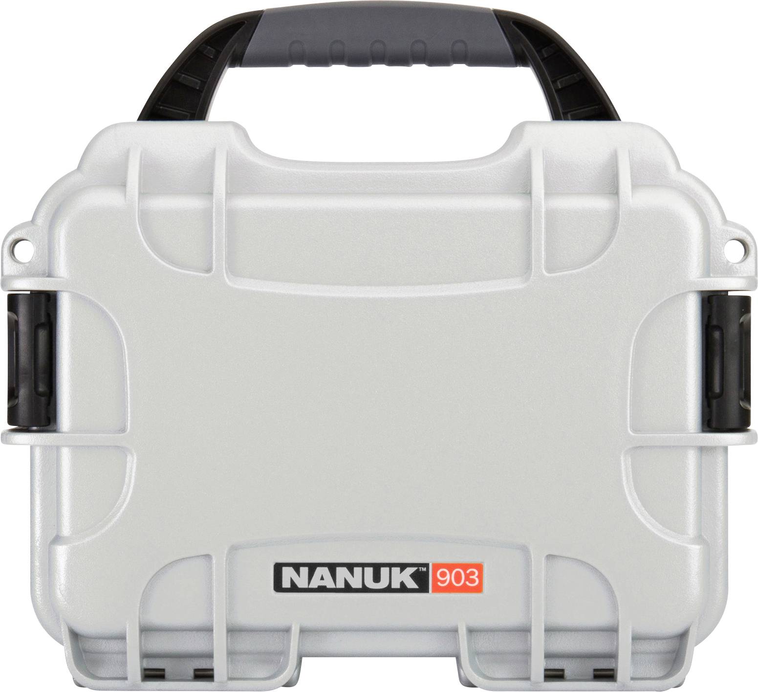 A grey, robust transport case by Nanuk, model number 903, with a black handle. Ideal for secure storage.