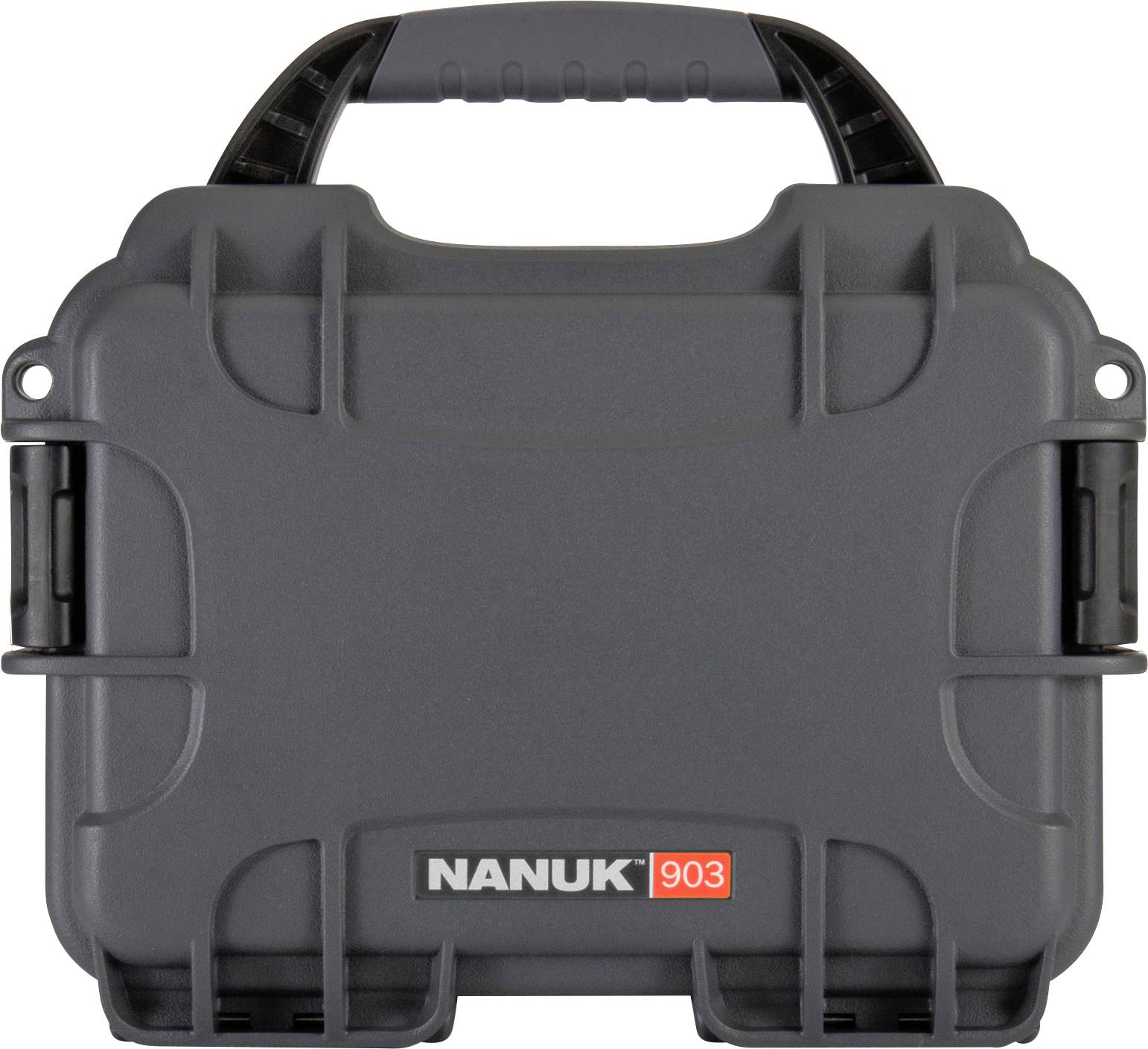 A grey, robust Nanuk 903 protective case with a black handle, suitable for the secure transportation of delicate items.
