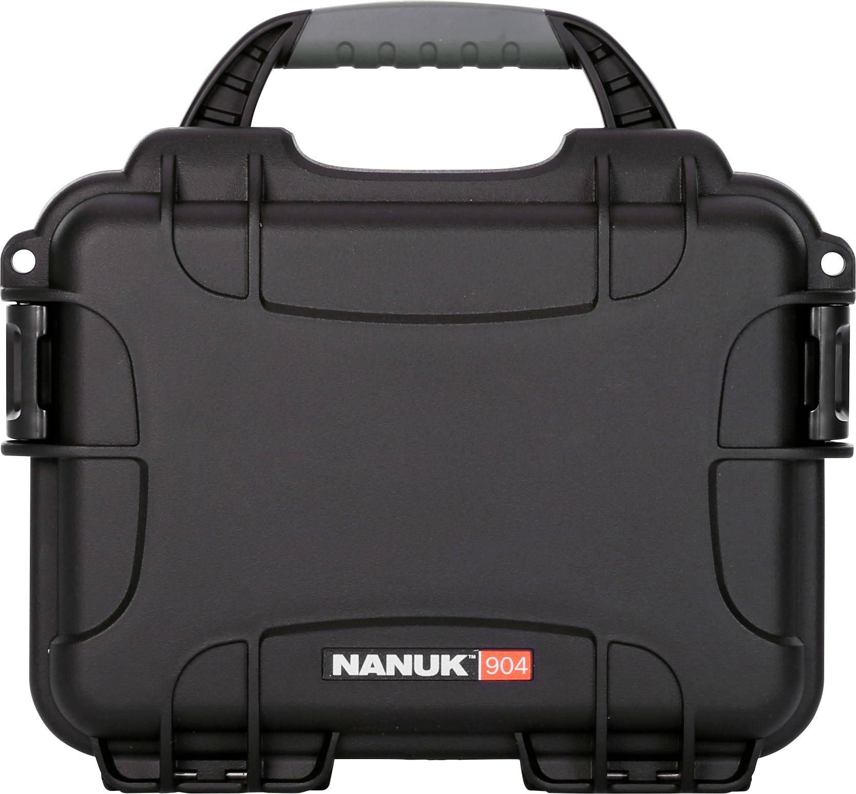 A black, robust protective case with rounded corners and a handle on top. 'NANUK 904' printed on the front.