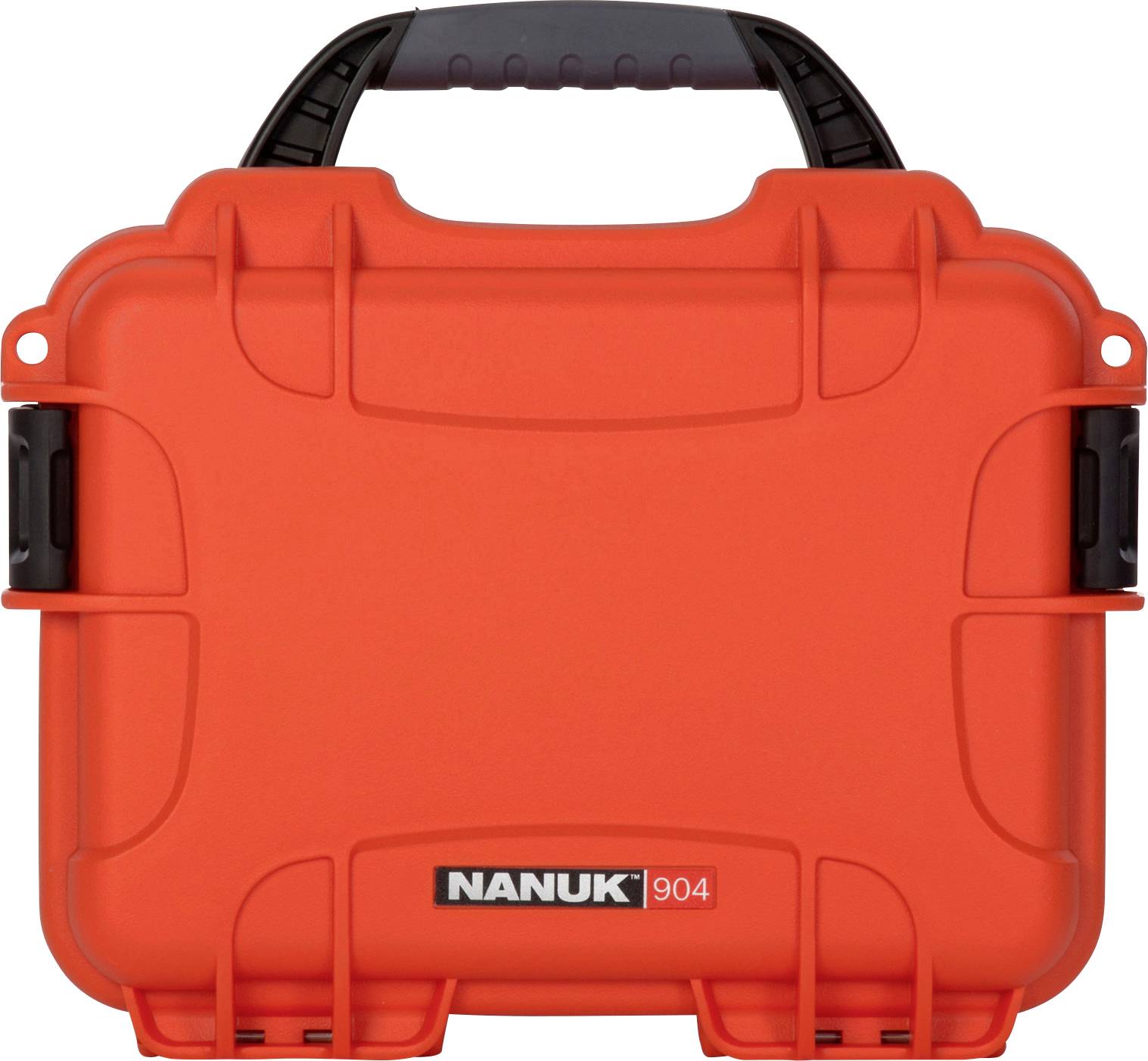 An orange, robust protective case with a black handle, bearing the inscription 'NANUK 904'.