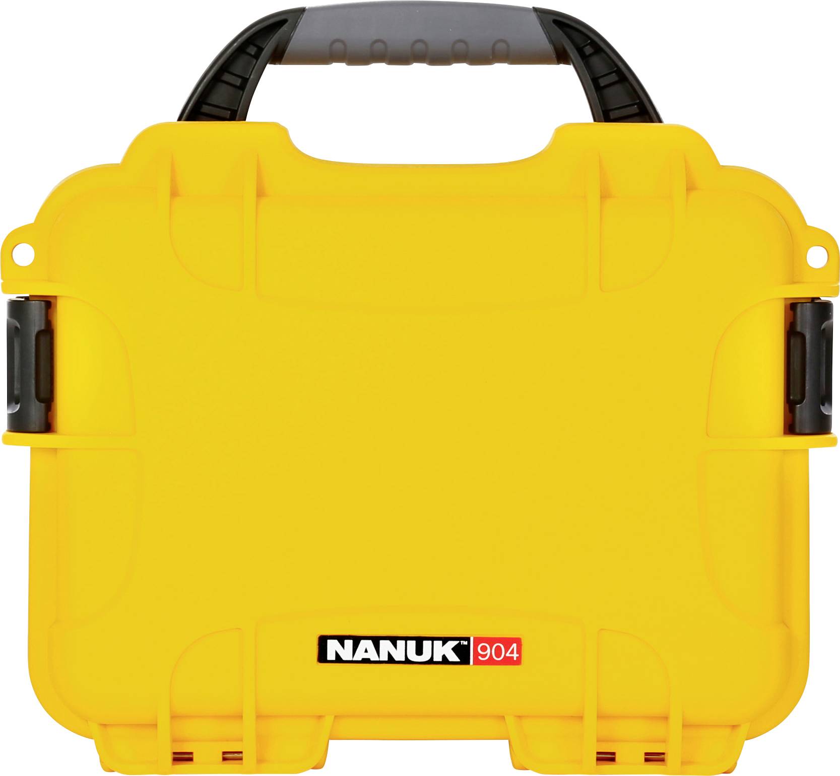 Yellow protective case with black handle and side straps, front-printed with 'Nanuk 904' logo. Robust design for secure transportation.