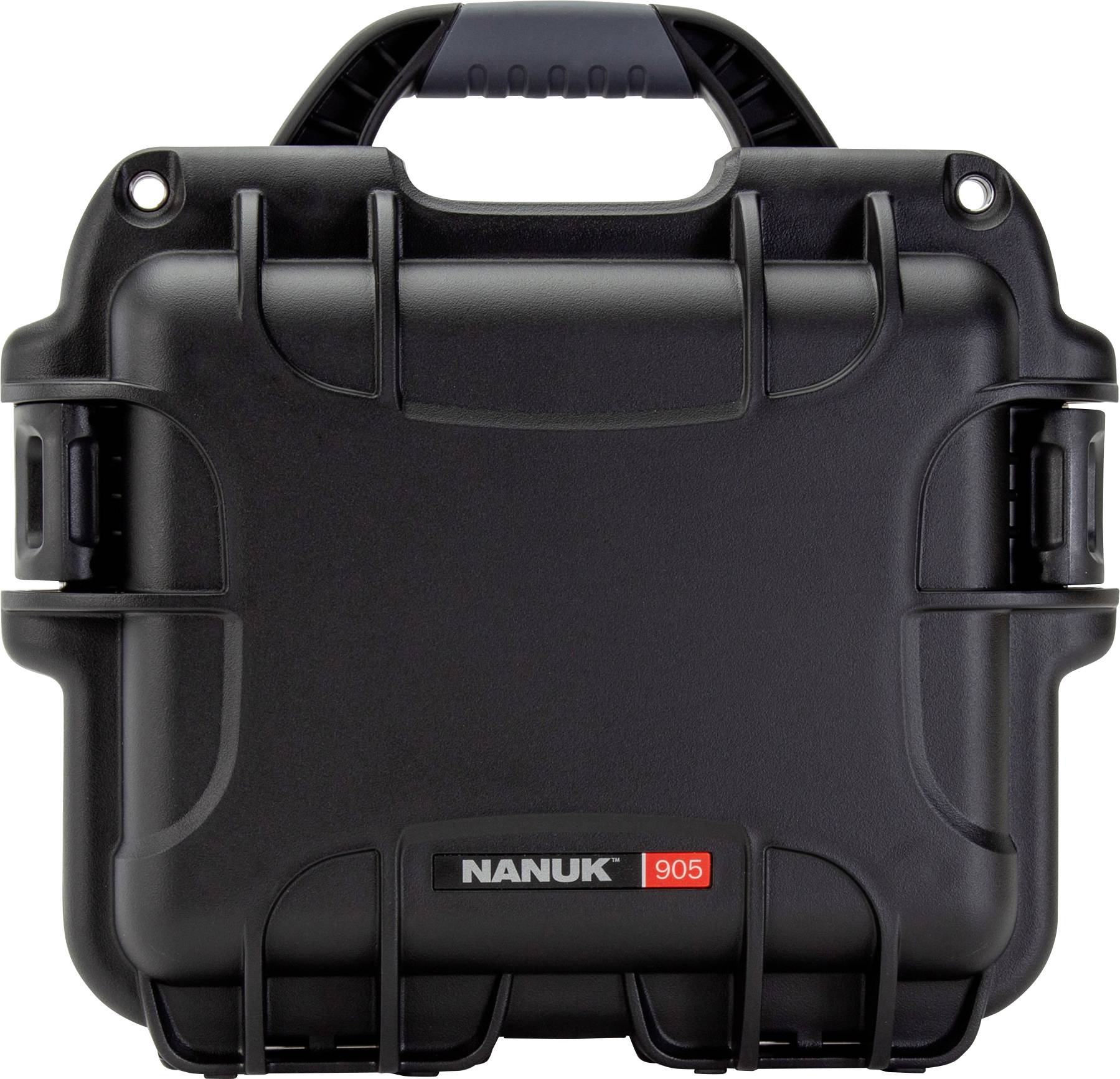 A black, robust transport case with handle, marked as 'NANUK 905', suitable for secure transportation of equipment.