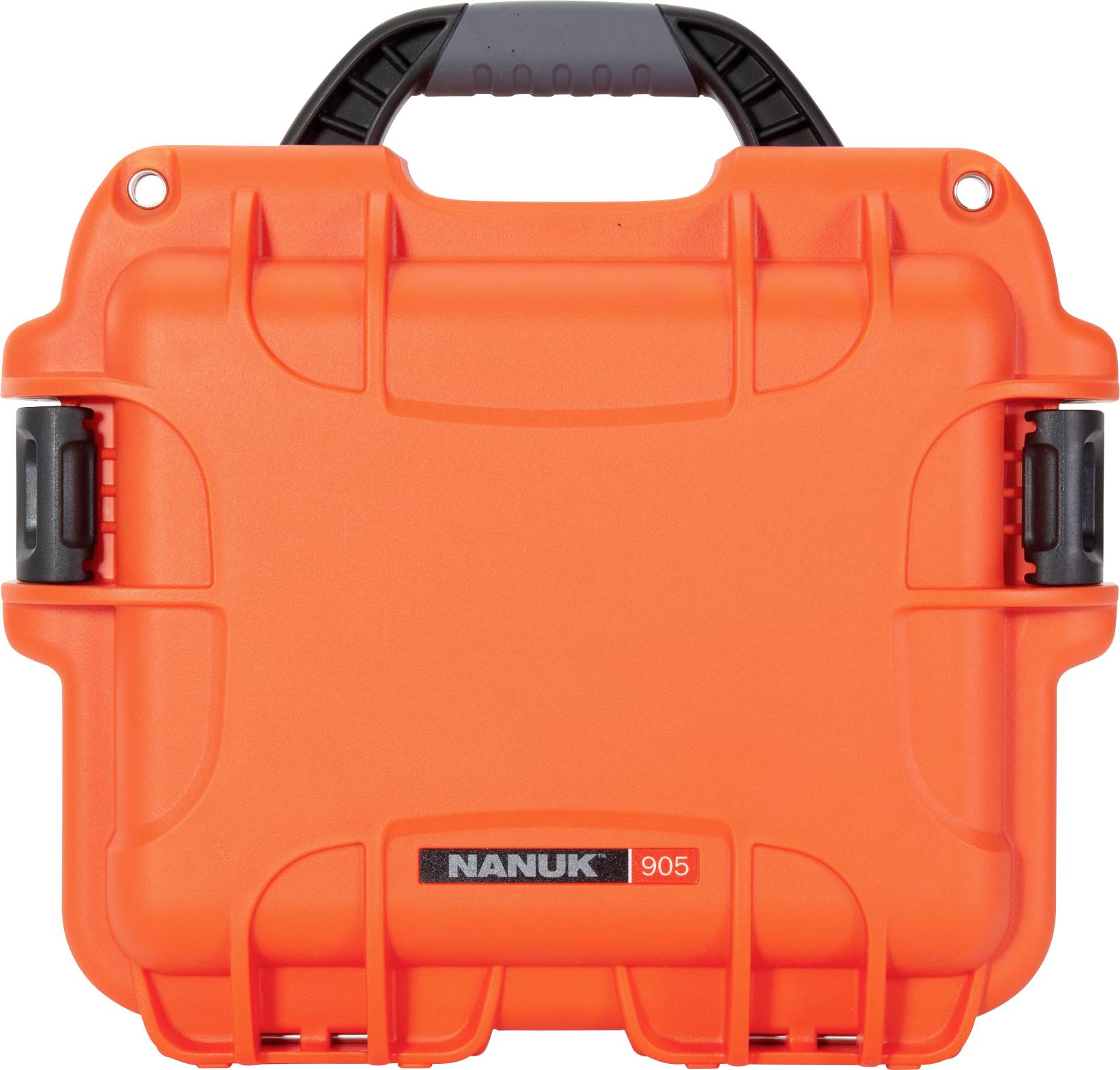 Robust orange protective case by Nanuk with black and grey latches, model number 905, suitable for transportation and storage.