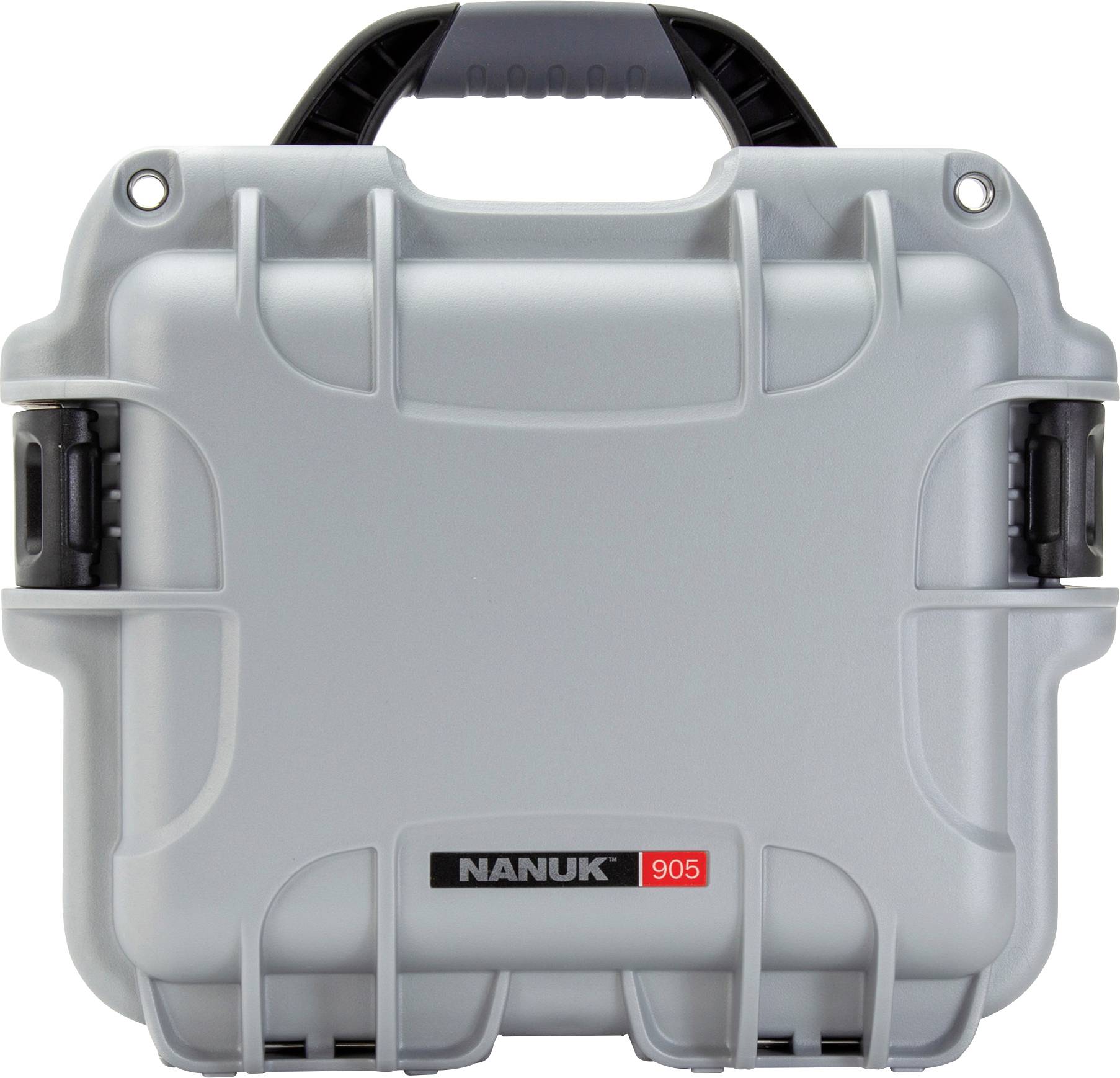 Grey protective case with black handle and snap locks, brand 'Nanuk 905'. Robust design for secure transportation.