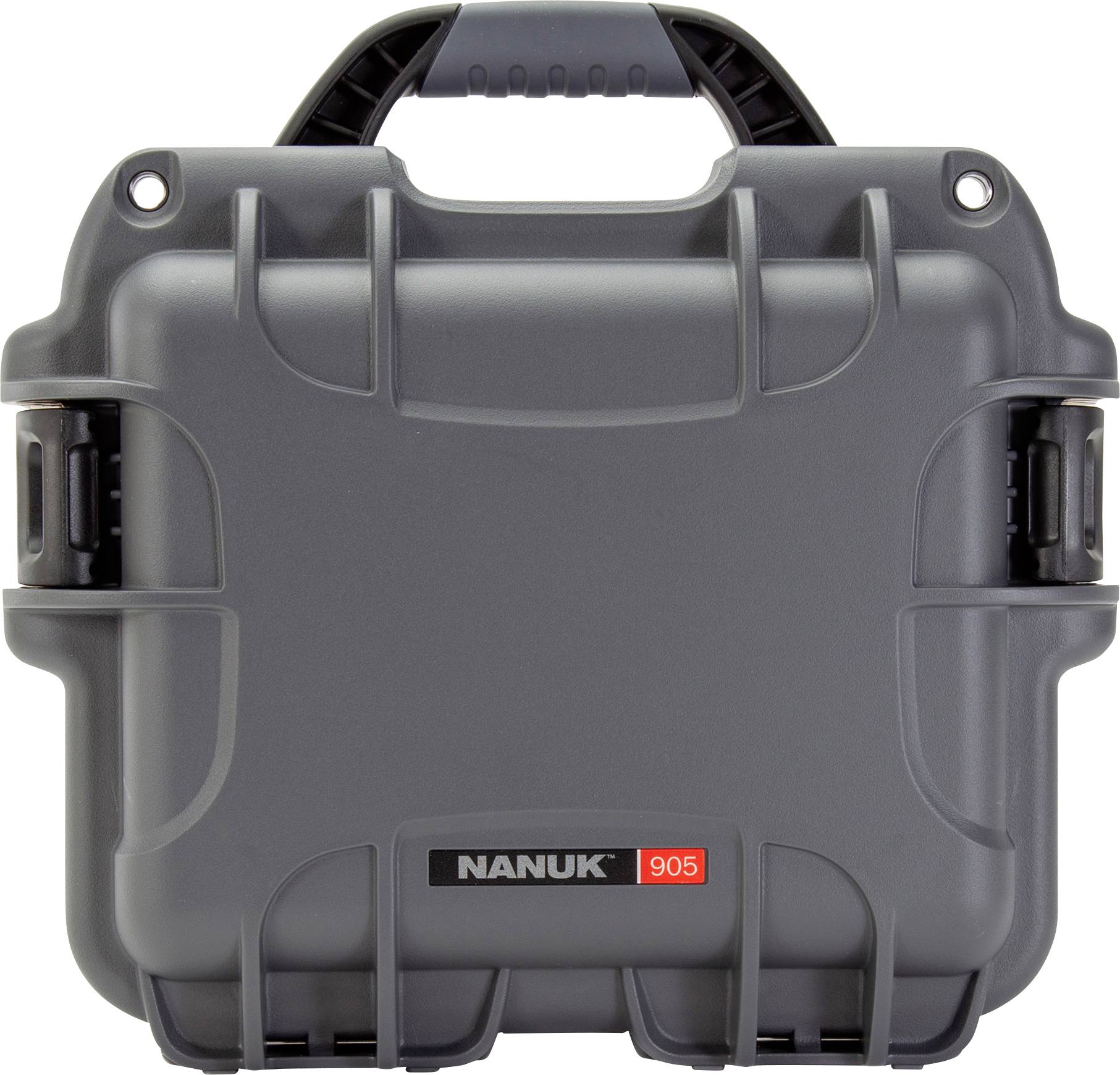 A grey, robust protective case with the brand name 'Nanuk 905', fitted with a handle for easy transportation.
