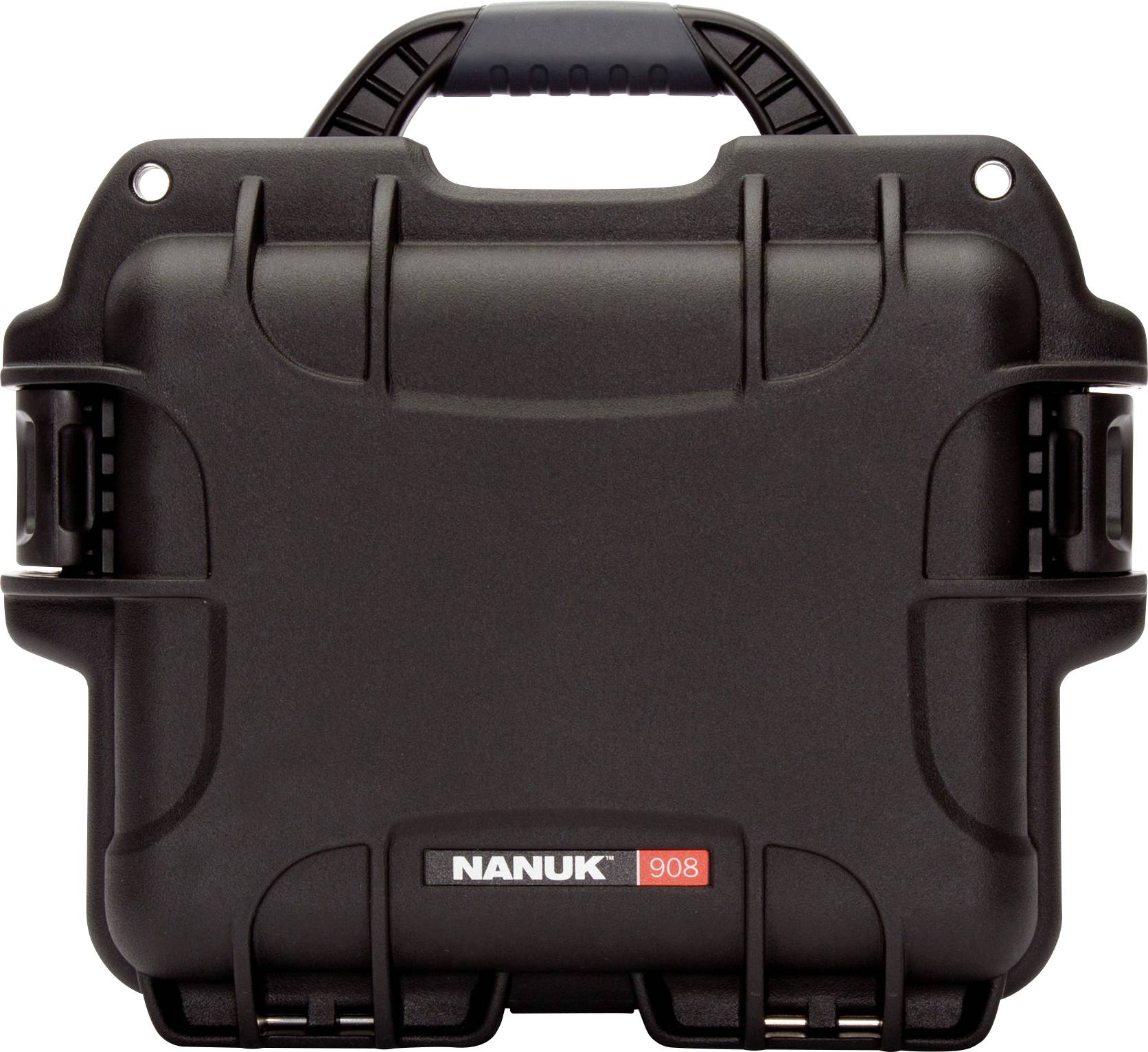 Black, robust plastic case with carrying handle. Marked 'NANUK 908'. Suitable for securely storing sensitive items.
