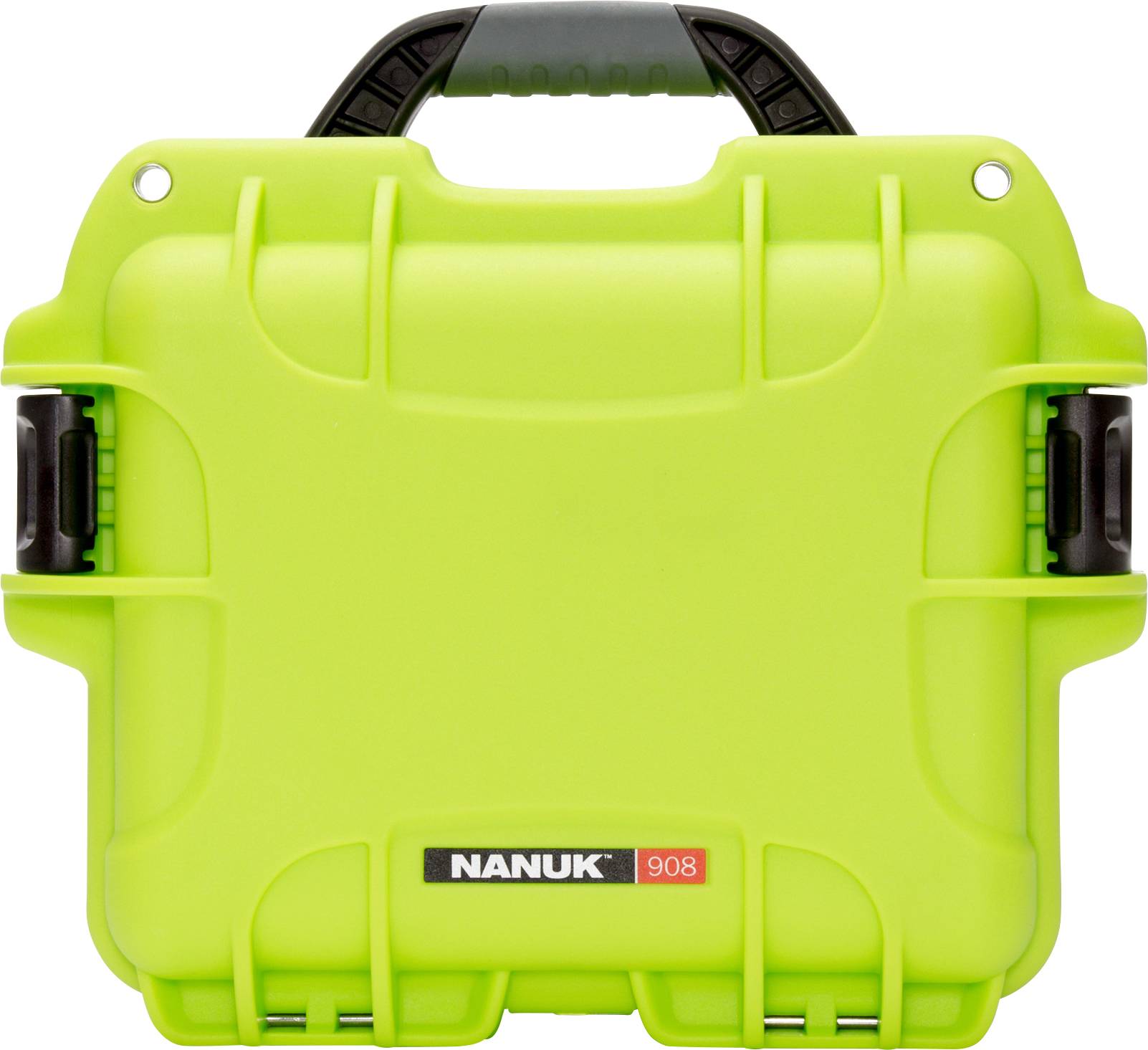 A light green, robust Nanuk 908 case with a black handle and latches.