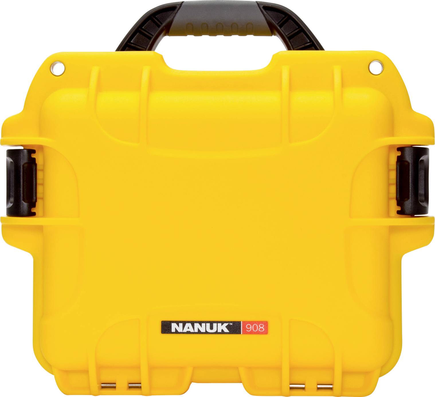 Yellow, robust suitcase with handle, bearing the inscription 'NANUK 908' and black clasps, suitable for secure transportation of items.