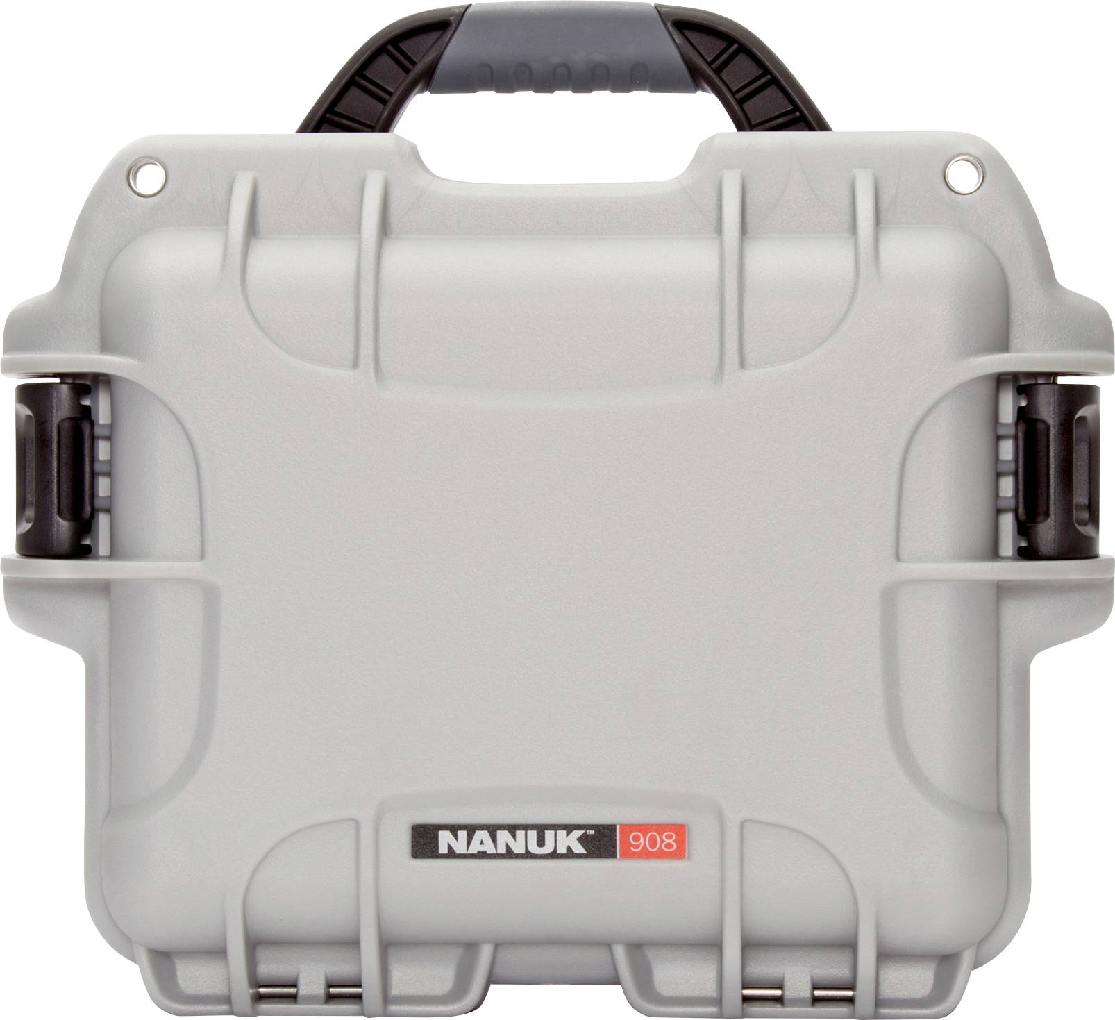 Grey, robust hard-shell case with black handle and latches. Inscription: 'NANUK 908'. Suitable for secure transportation.