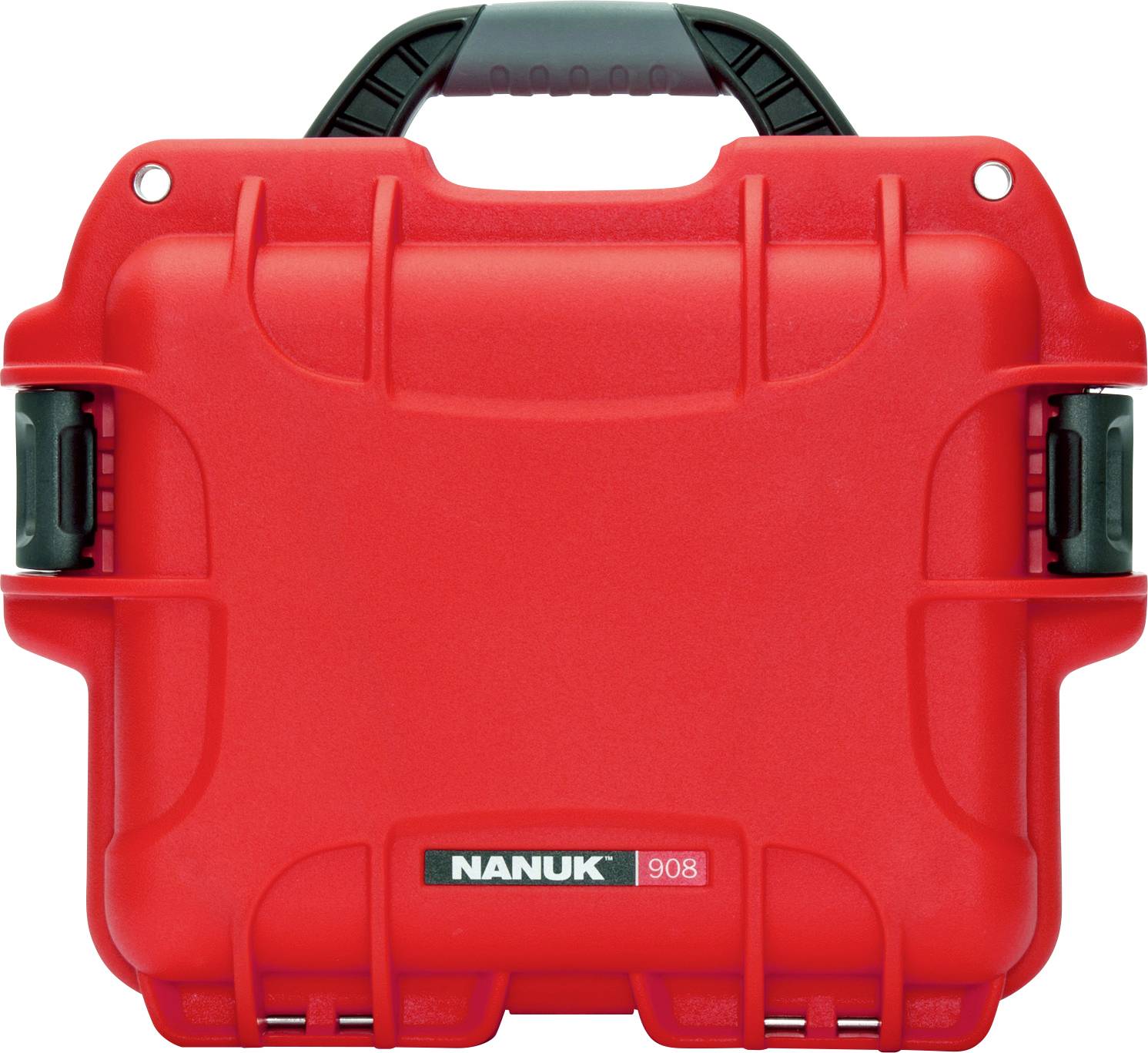 Red, sturdy suitcase with handle, inscribed 'NANUK 908', suitable for safely transporting delicate items.
