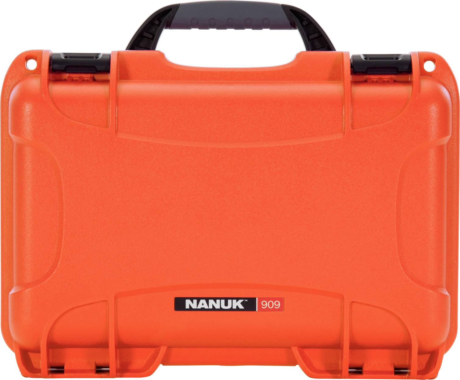 Orange protective case with black handle and fasteners, suitable for storing and securing delicate items.